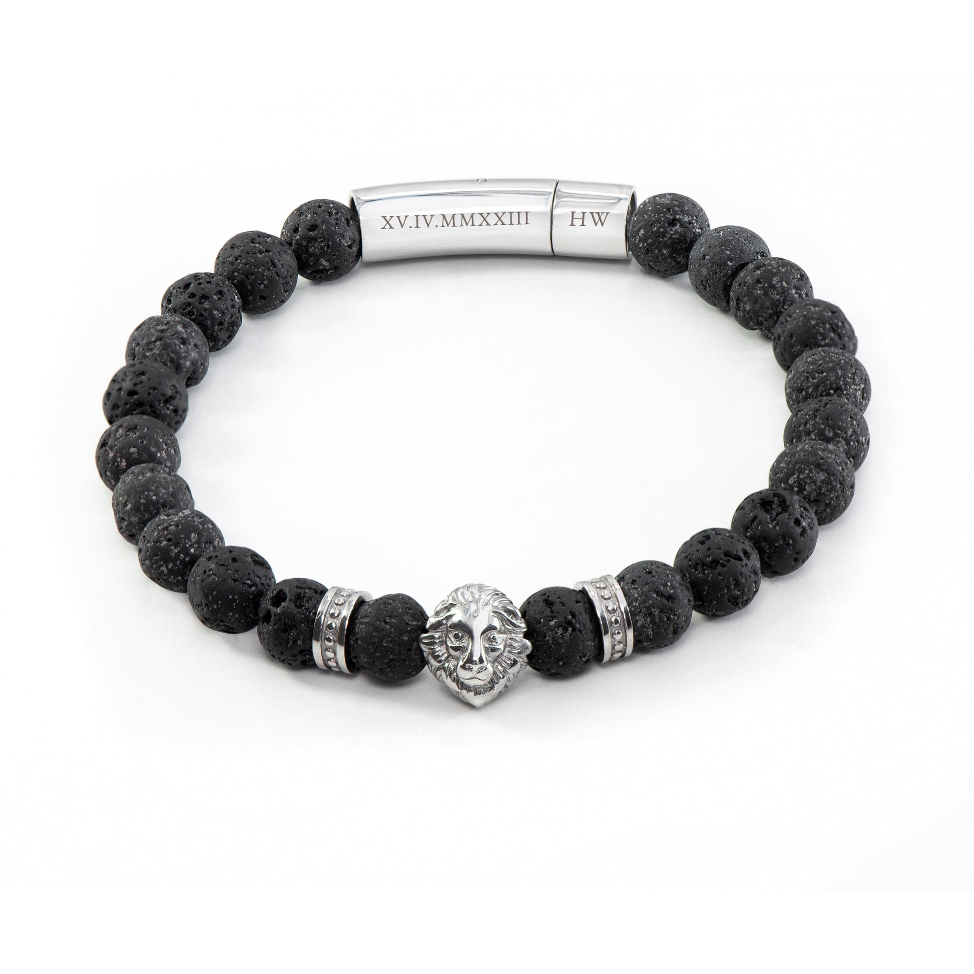 Personalised Men's Silver Lion Lava Stone Beaded Bracelet