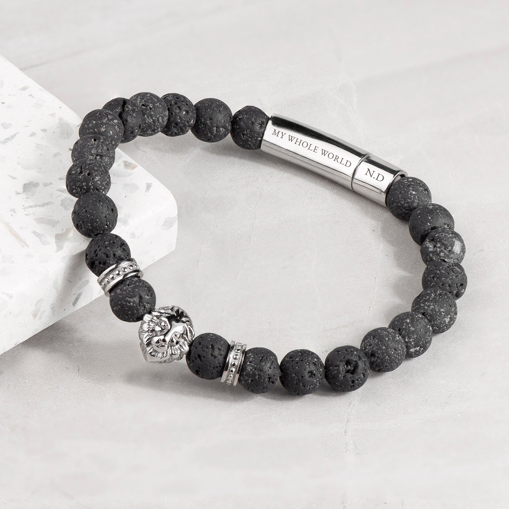 Personalised Men's Silver Lion Lava Stone Beaded Bracelet