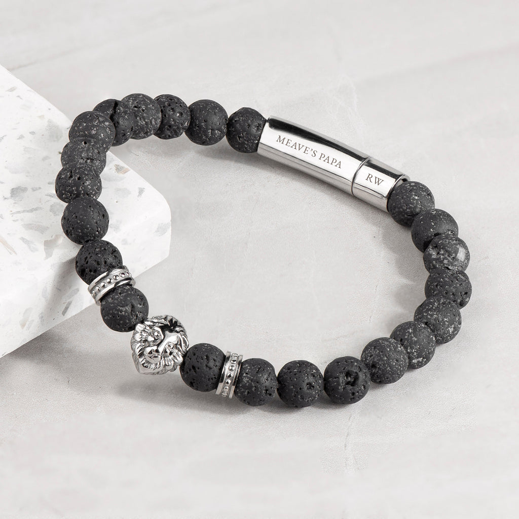 Personalised Men's Silver Lion Lava Stone Beaded Bracelet