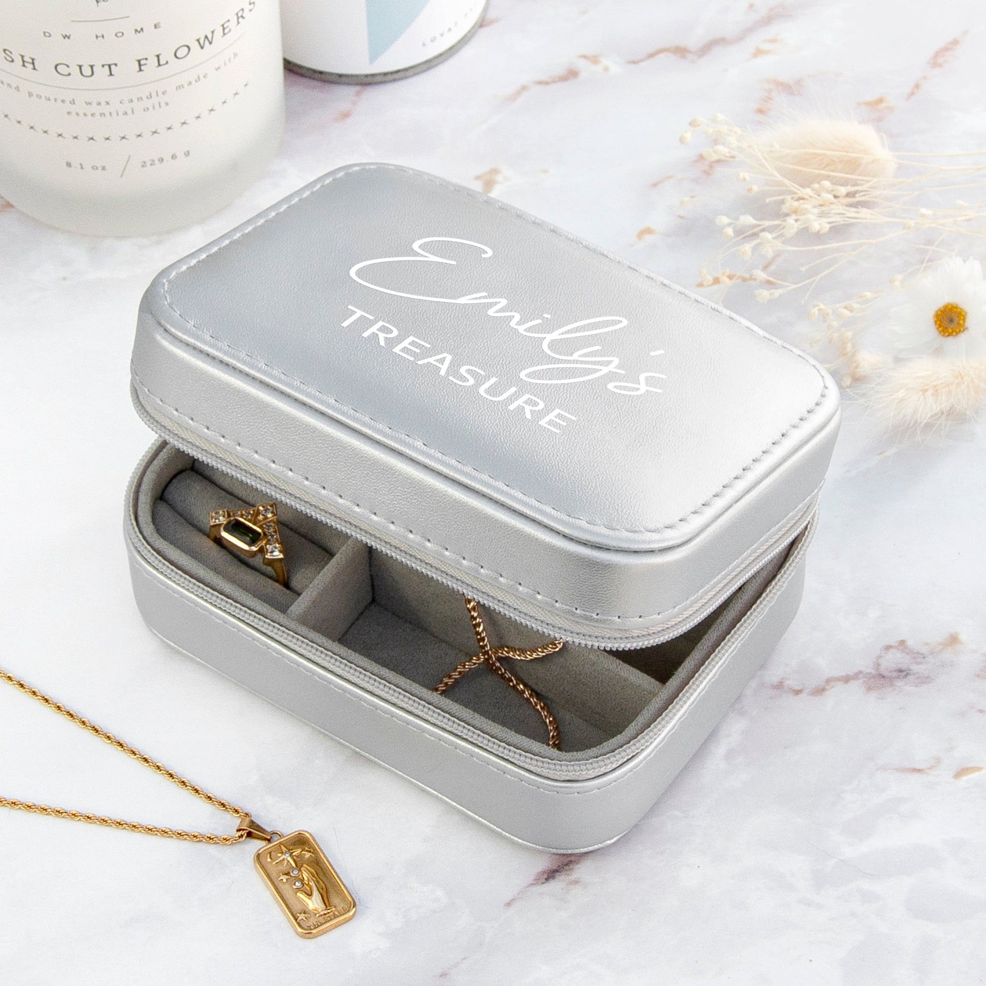 Personalised Metallic Silver My Treasure Jewellery Case