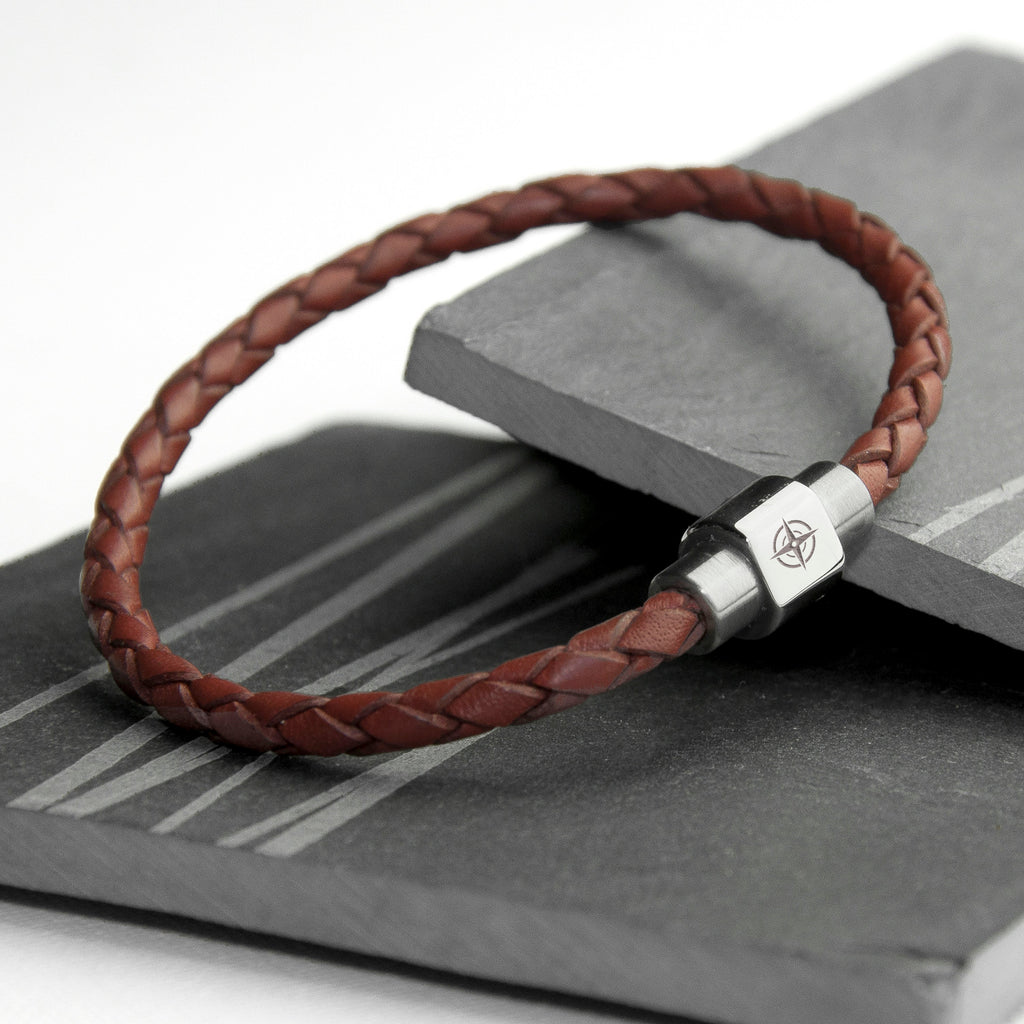 Personalised Men's Travel Compass Woven Leather Bracelet
