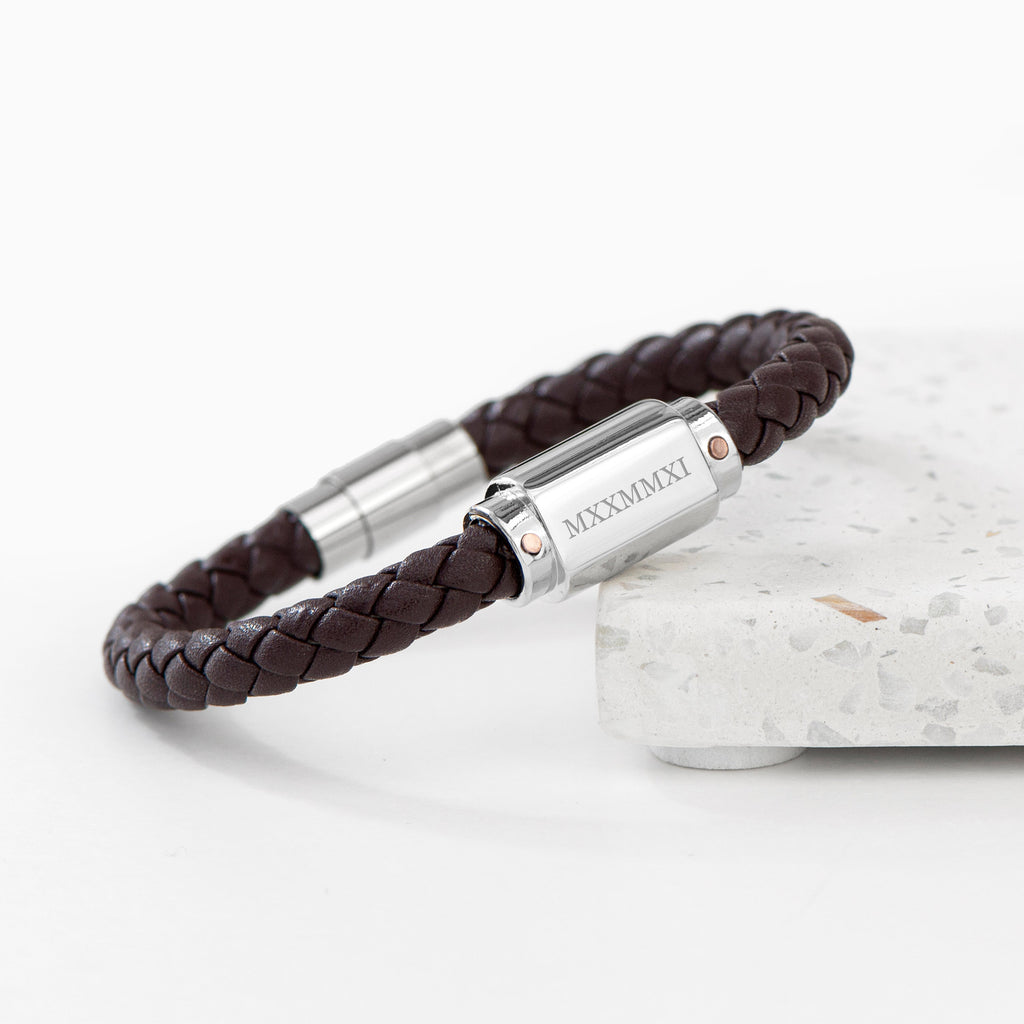 Personalised Men's Roman Numerals Brown Leather Bracelet