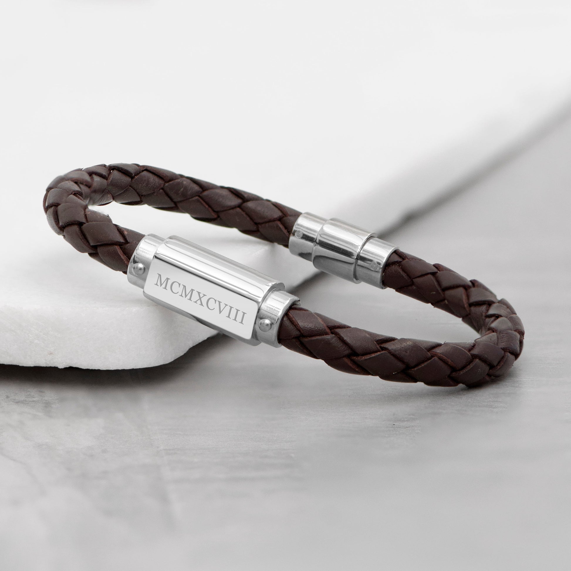 Personalised Men's Roman Numerals Brown Leather Bracelet