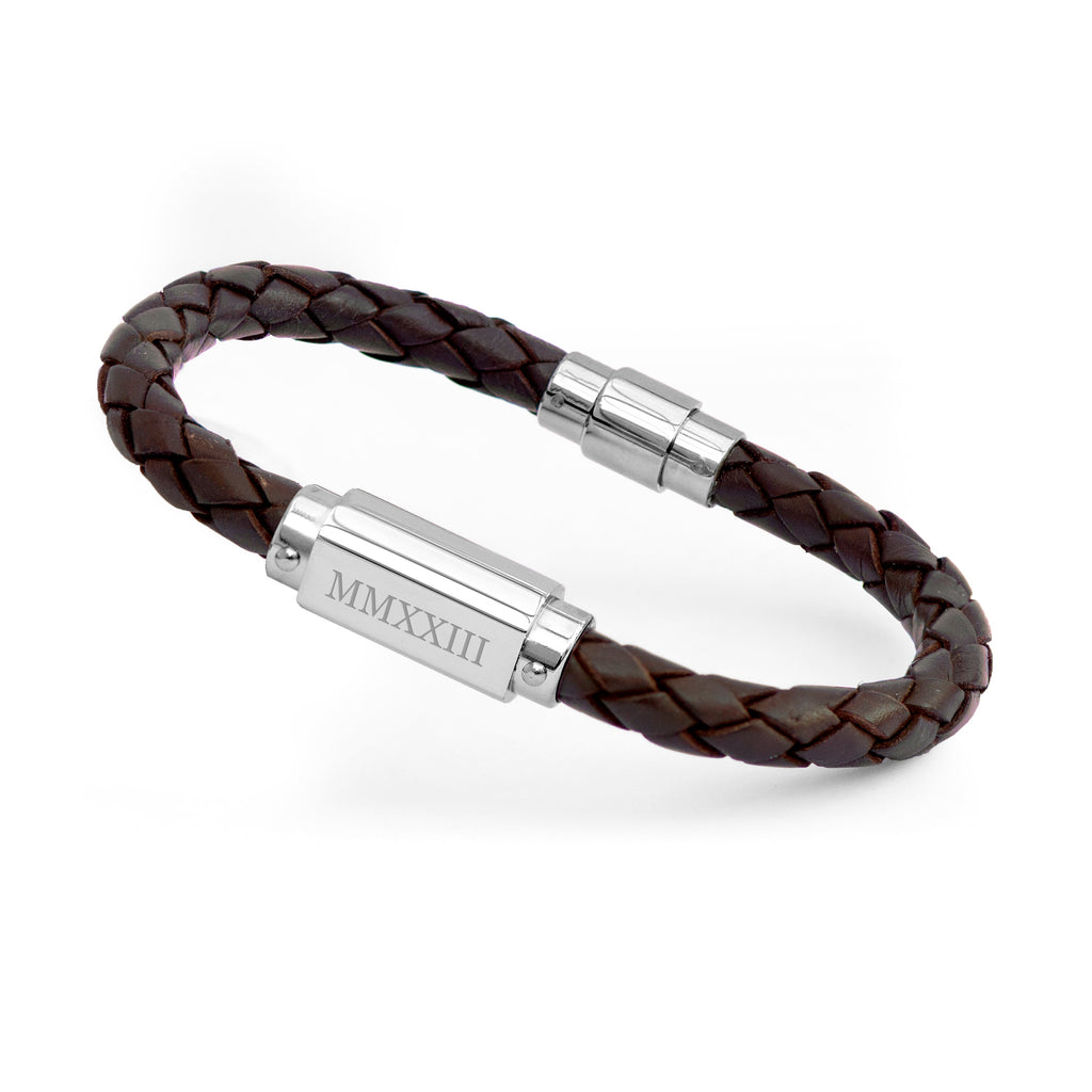 Personalised Men's Roman Numerals Brown Leather Bracelet