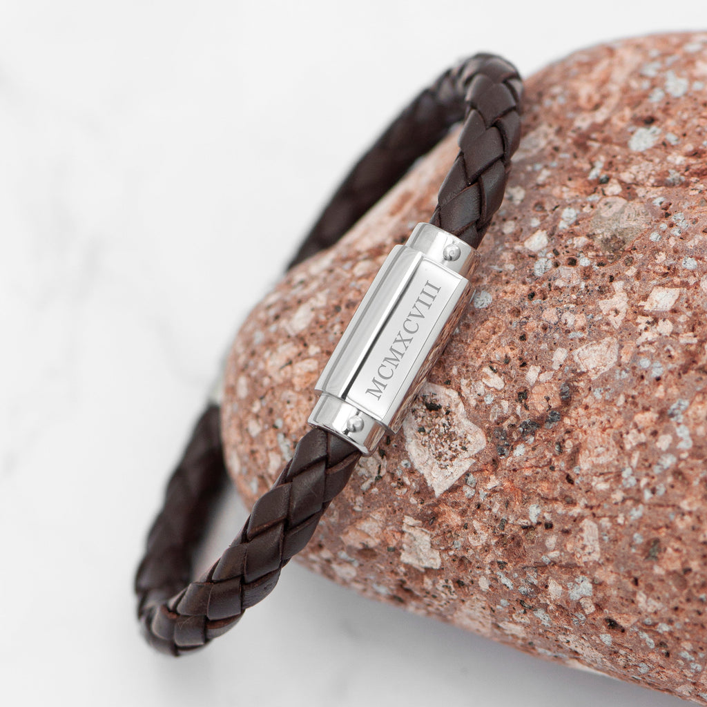 Personalised Men's Roman Numerals Brown Leather Bracelet
