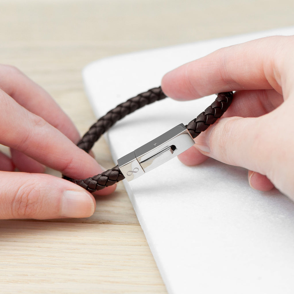 Personalised Men's Leather Infinity Bracelet with Tube Clasp