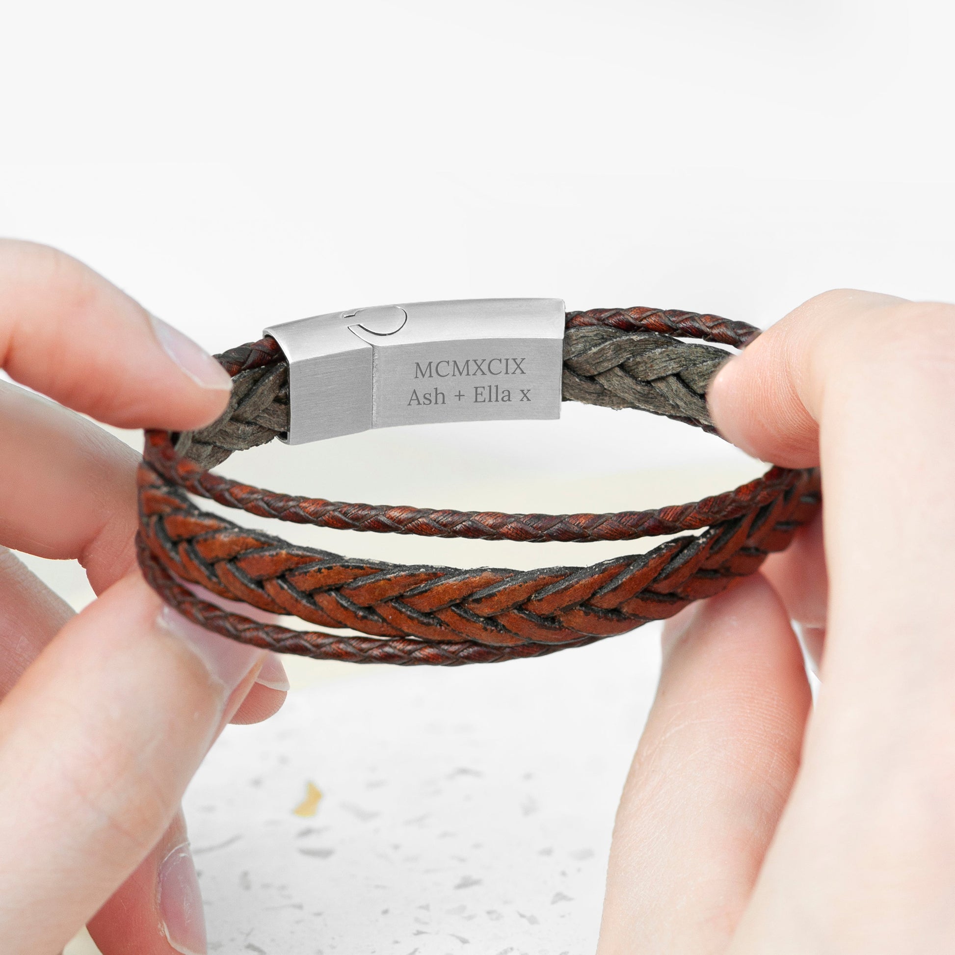 Personalised Men's Woven Layered Brown Leather Bracelet