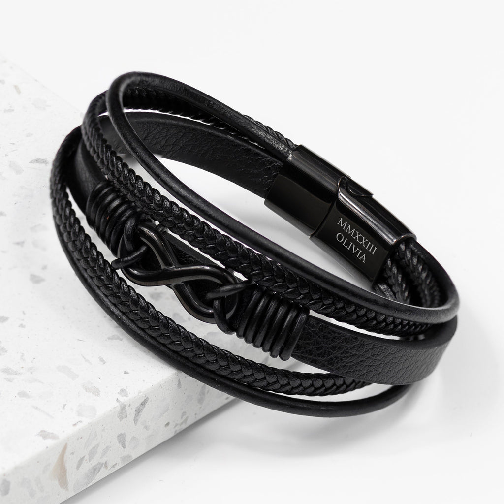 Personalised Men's Infinity Black Leather Stacked Bracelet