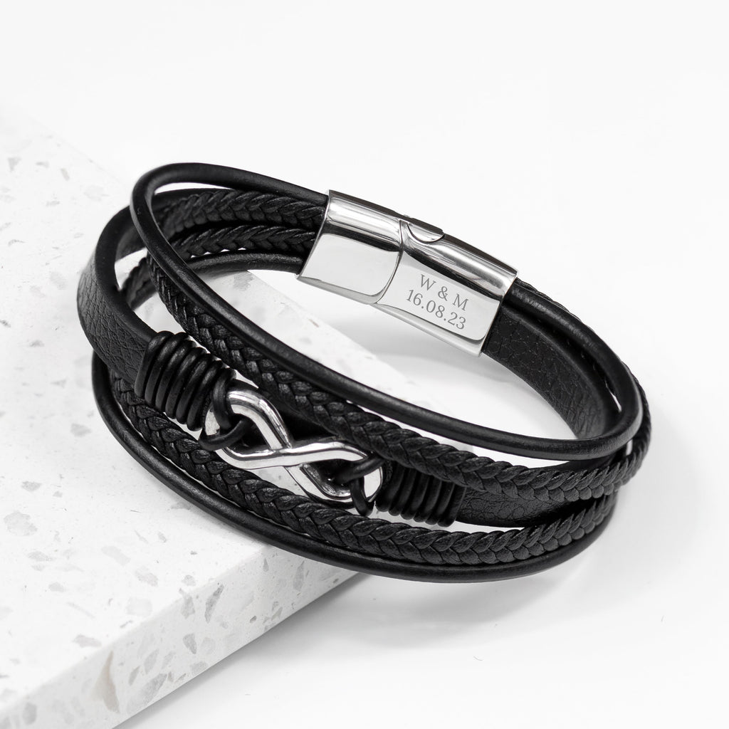 Personalised Men's Silver Infinity Black Leather Stacked Bracelet