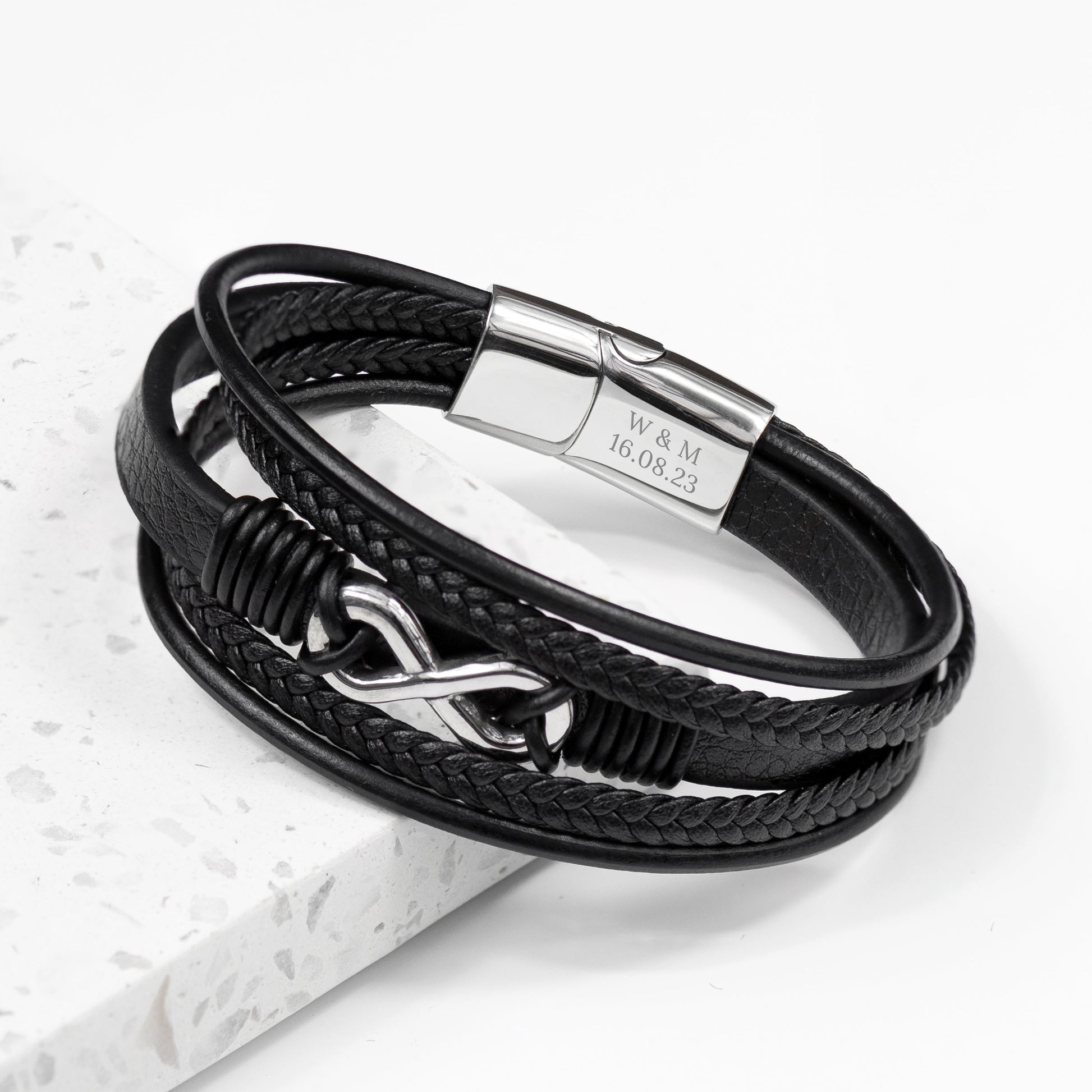 Personalised Men's Silver Infinity Black Leather Stacked Bracelet