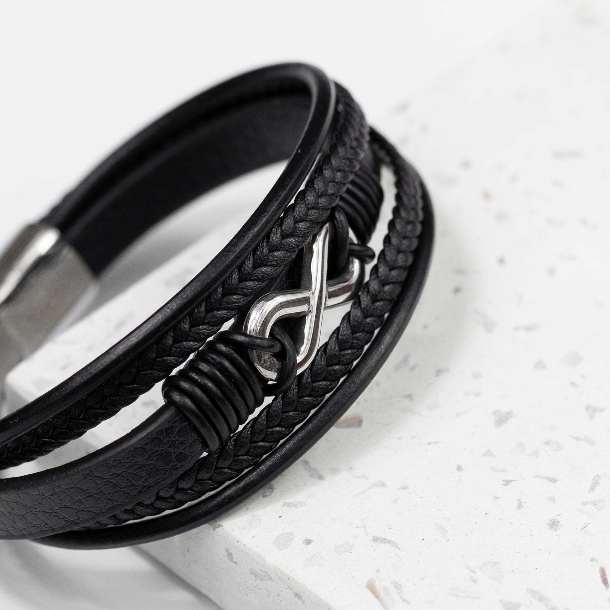Personalised Men's Silver Infinity Black Leather Stacked Bracelet