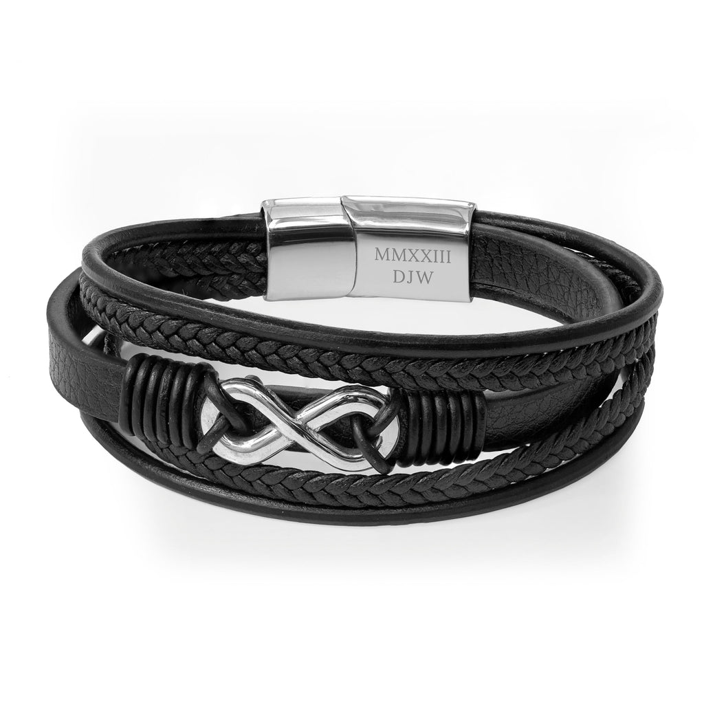 Personalised Men's Silver Infinity Black Leather Stacked Bracelet