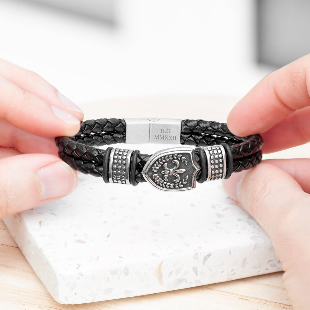 Personalised Men's Warrior Shield Leather Bracelet