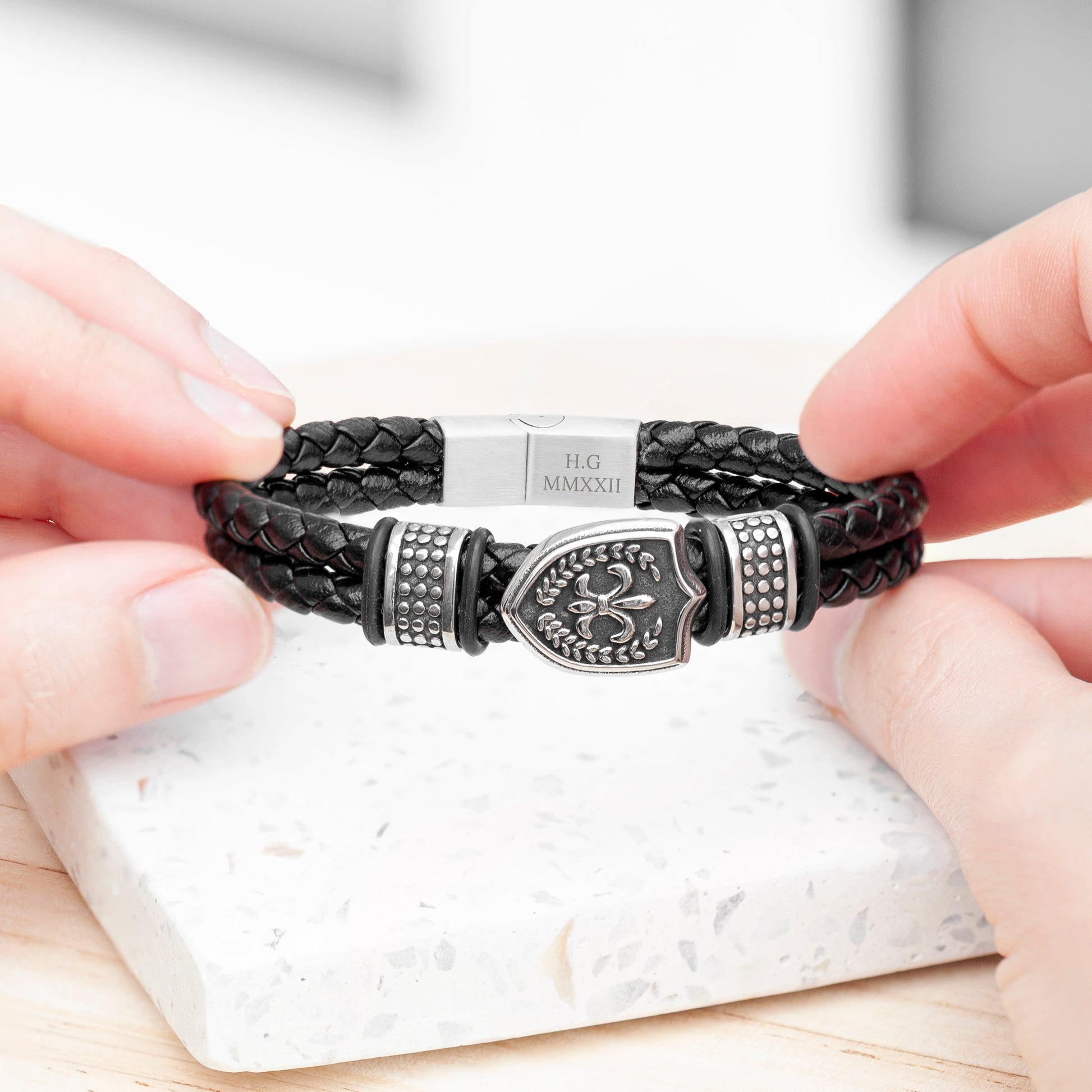 Personalised Men's Warrior Shield Leather Bracelet