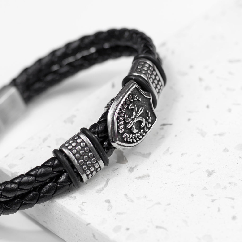 Personalised Men's Warrior Shield Leather Bracelet