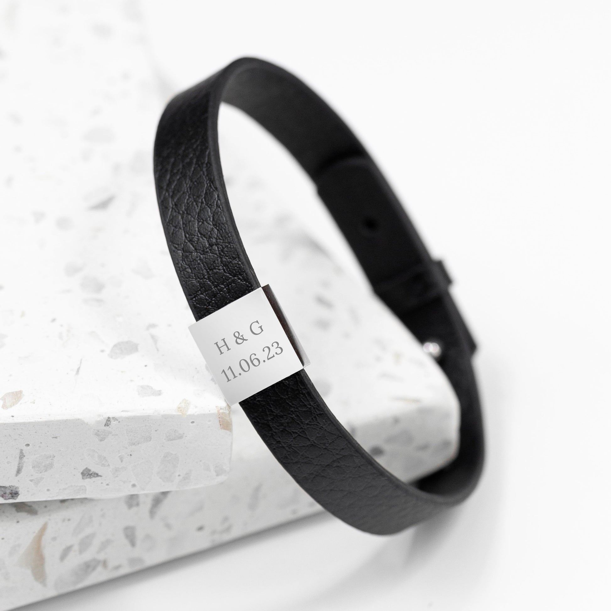 Personalised Men's Soho Tag Message Black Leather Bracelet