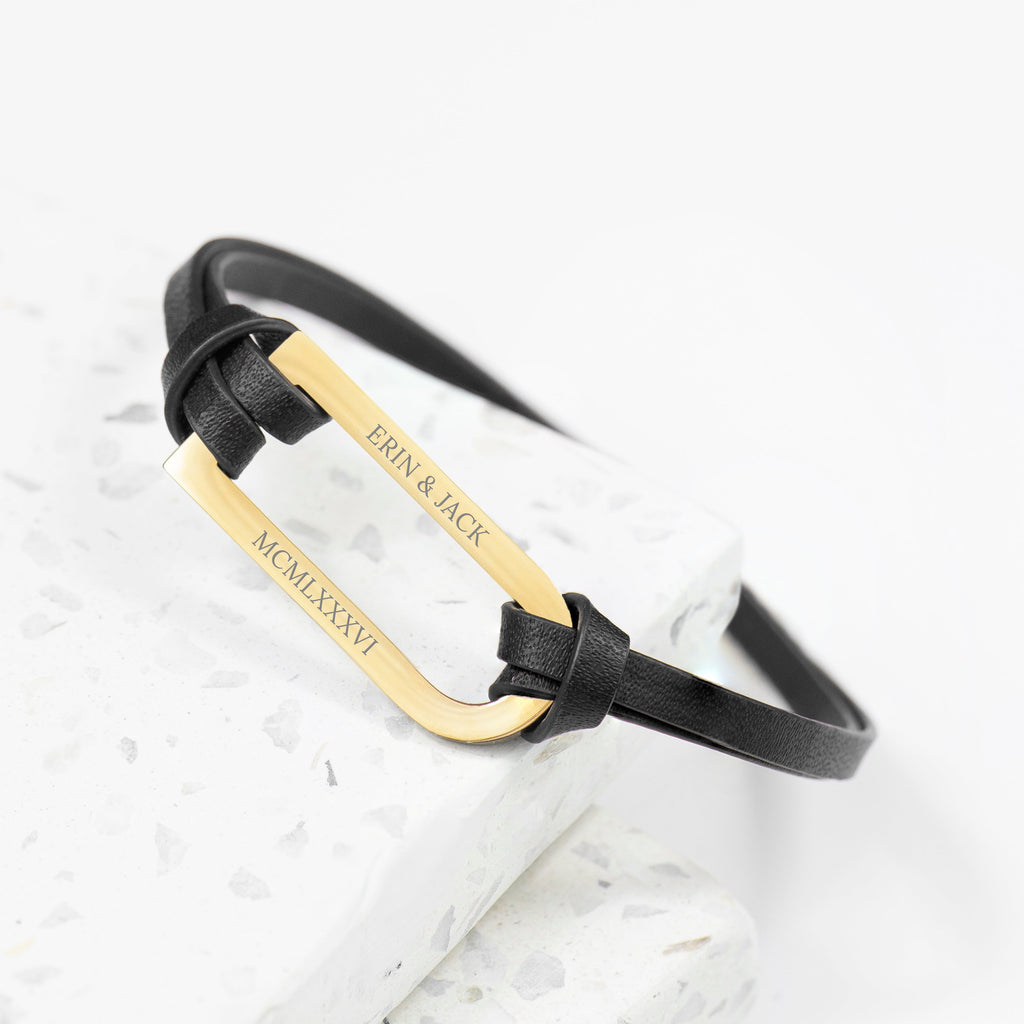 Personalised Men's Gold Bar Black Leather Bracelet