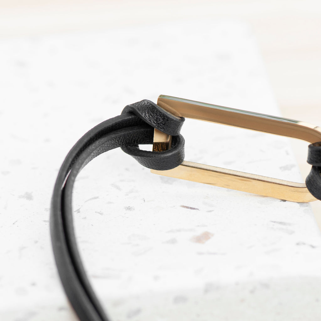 Personalised Men's Gold Bar Black Leather Bracelet