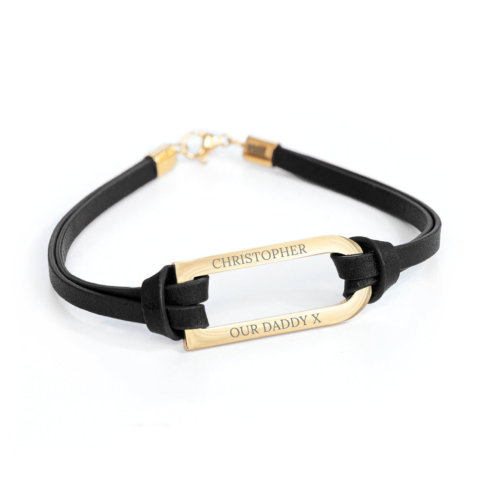 Personalised Men's Gold Bar Black Leather Bracelet
