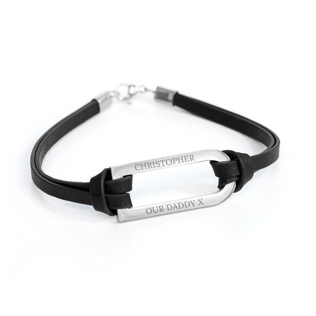 Personalised Men's Silver Bar Black Leather Bracelet