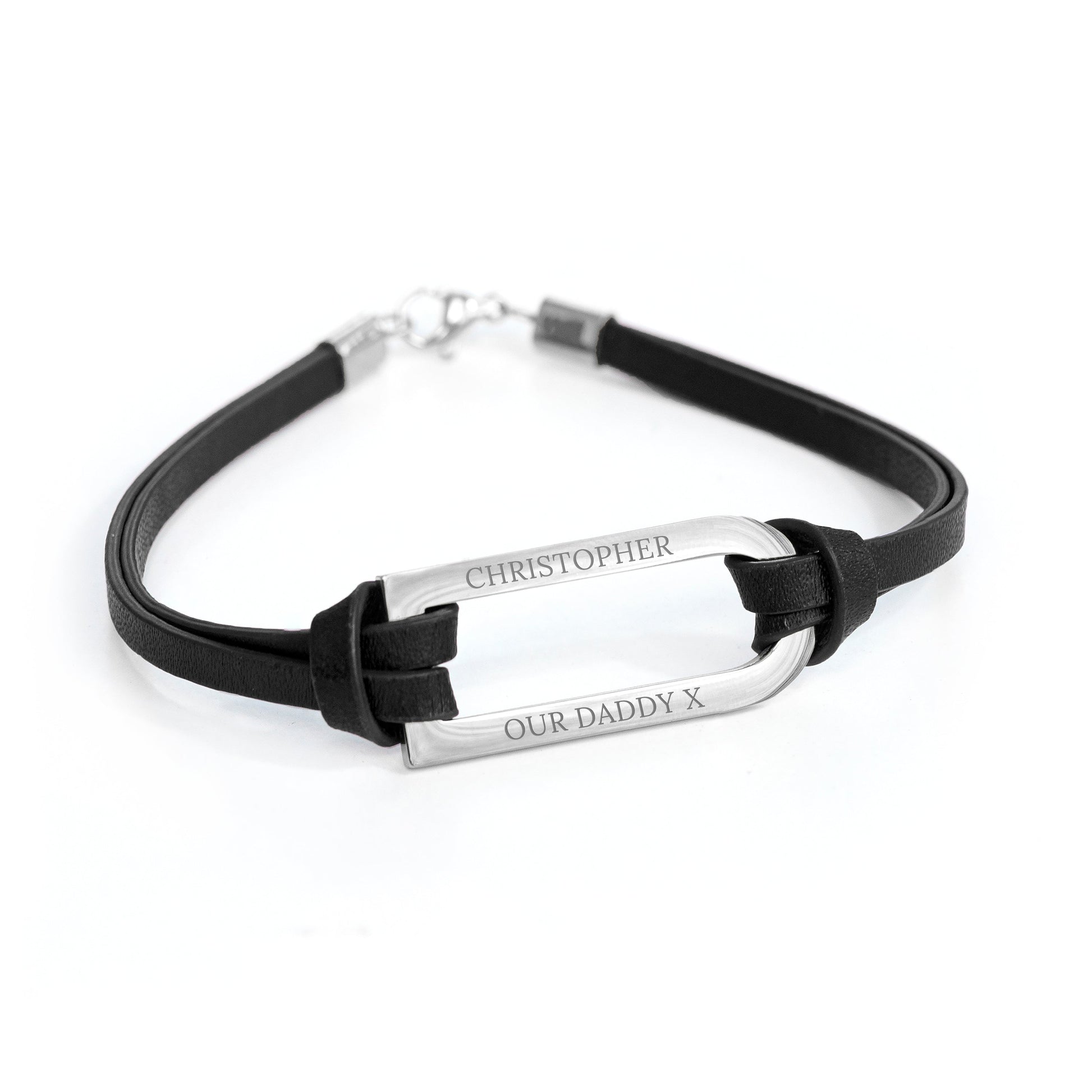 Personalised Men's Silver Bar Black Leather Bracelet