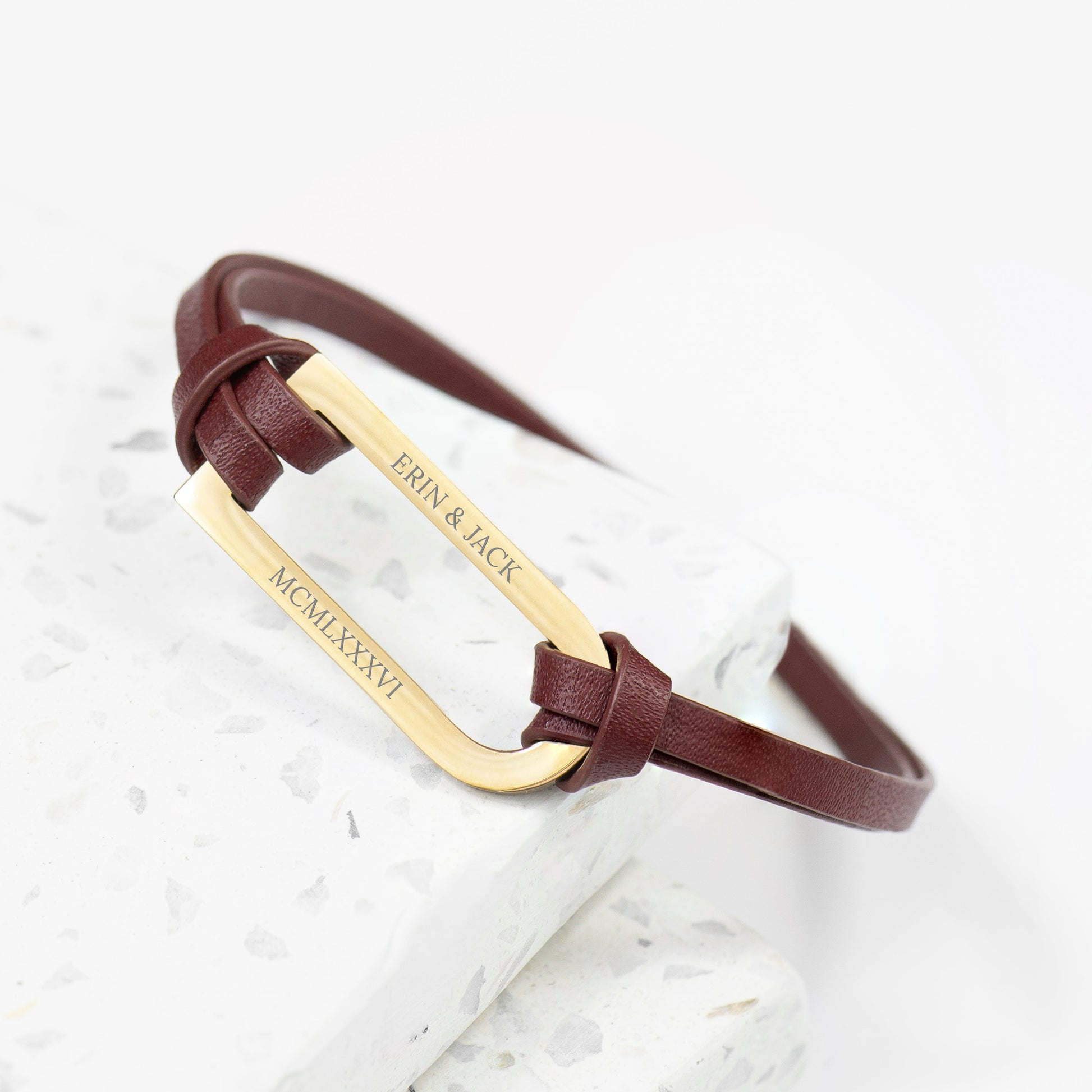 Personalised Men's Brown Leather Bracelet with Gold Bar