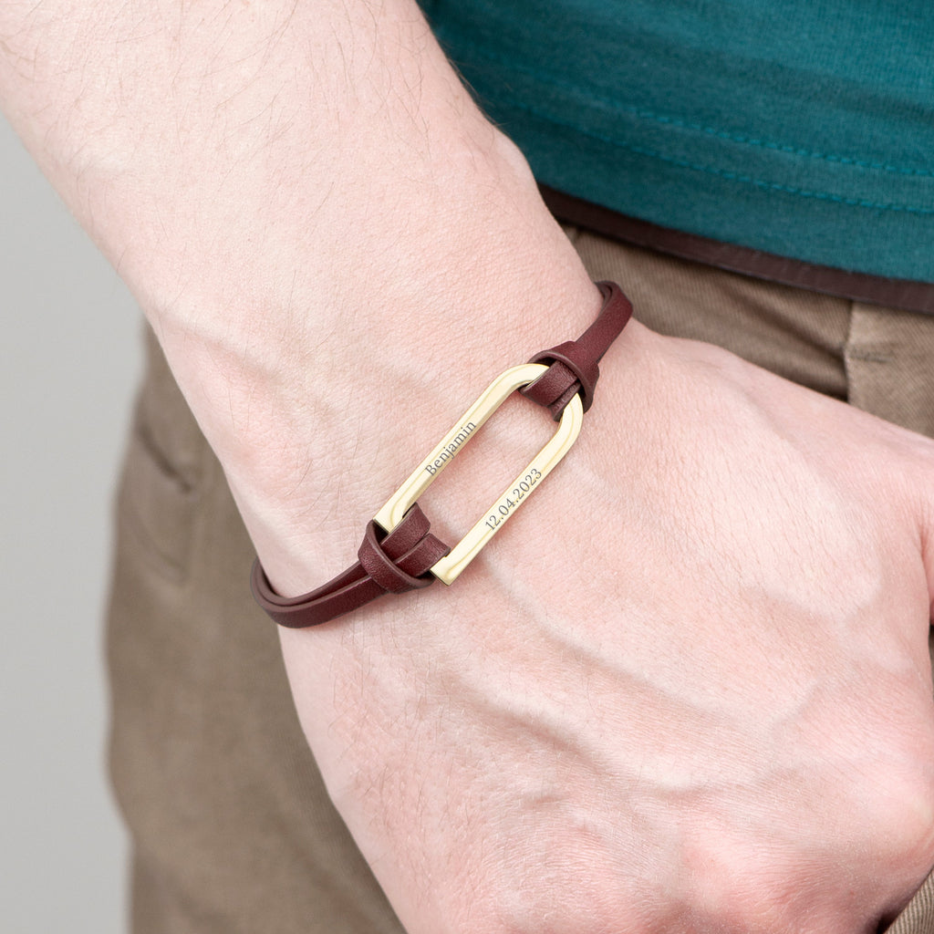 Personalised Men's Brown Leather Bracelet with Gold Bar