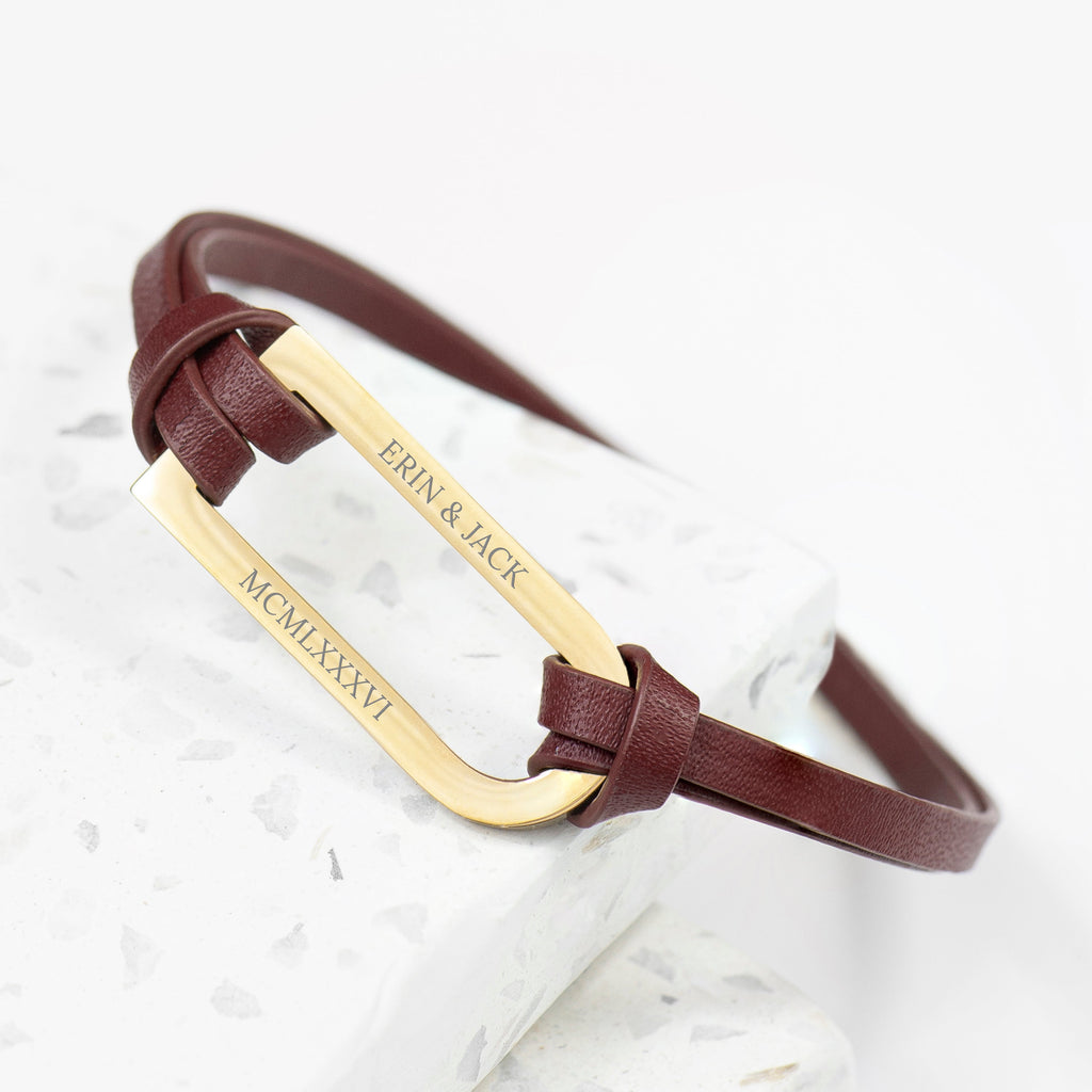 Personalised Men's Brown Leather Bracelet with Gold Bar