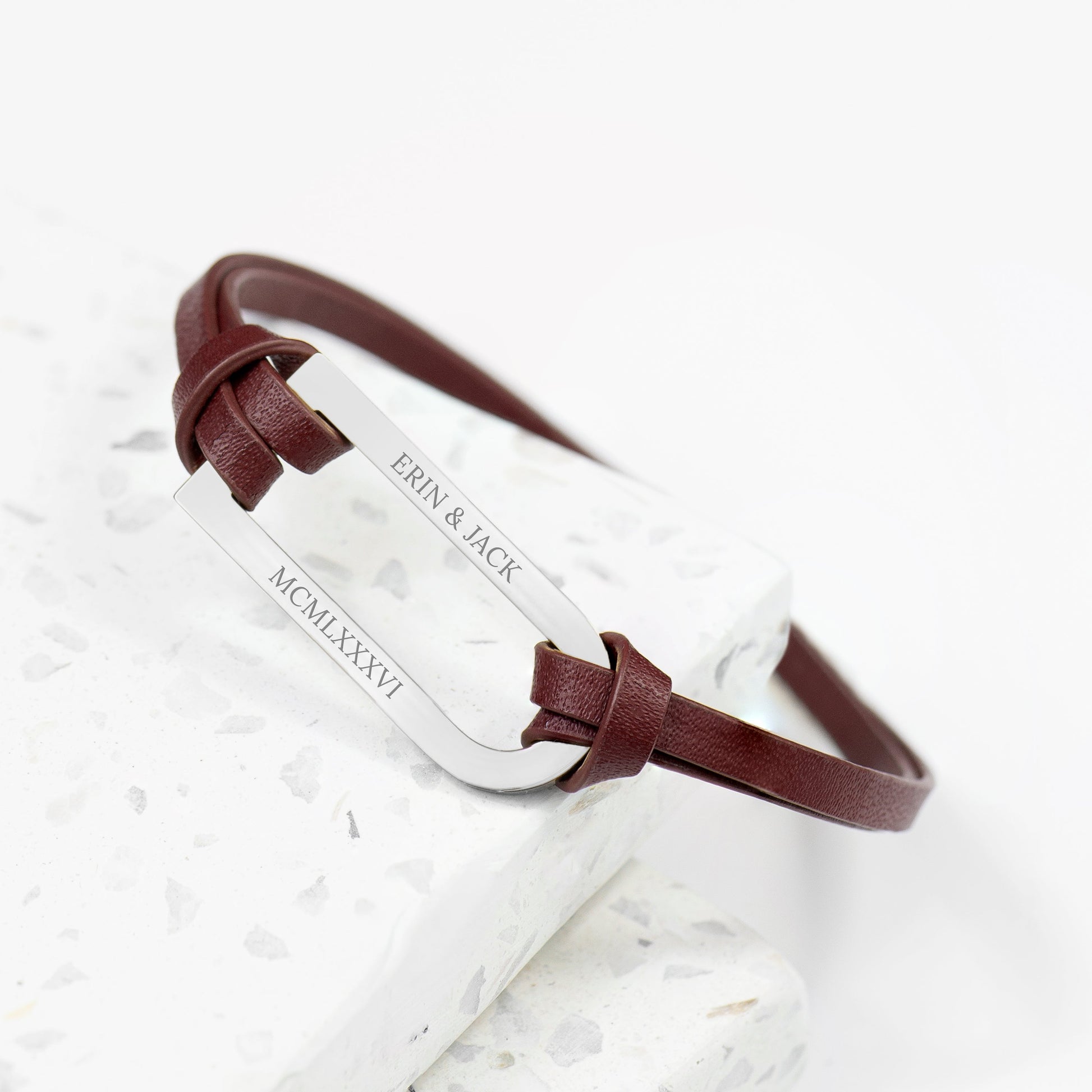 Personalised Men's Silver Bar Brown Leather Bracelet
