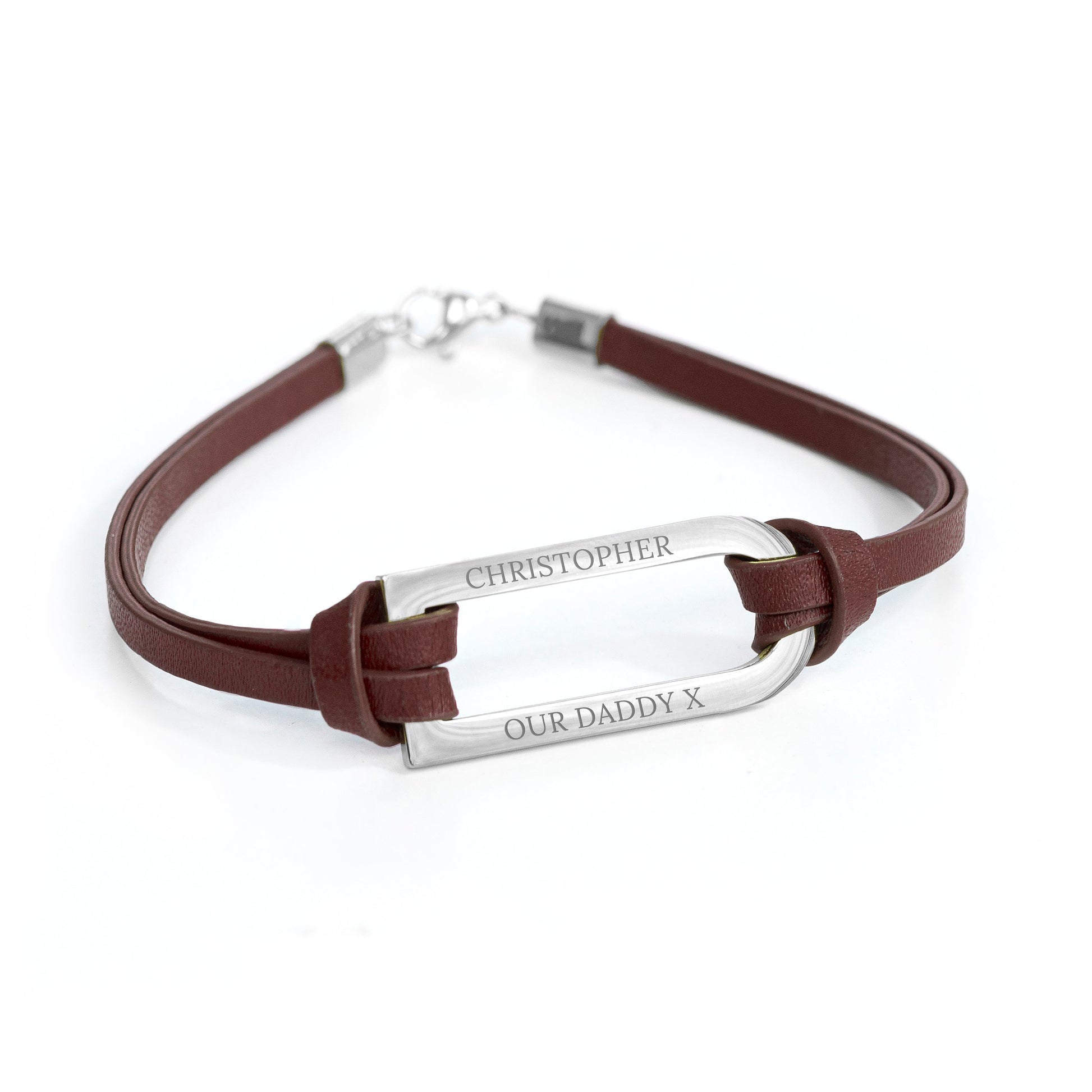Personalised Men's Silver Bar Brown Leather Bracelet