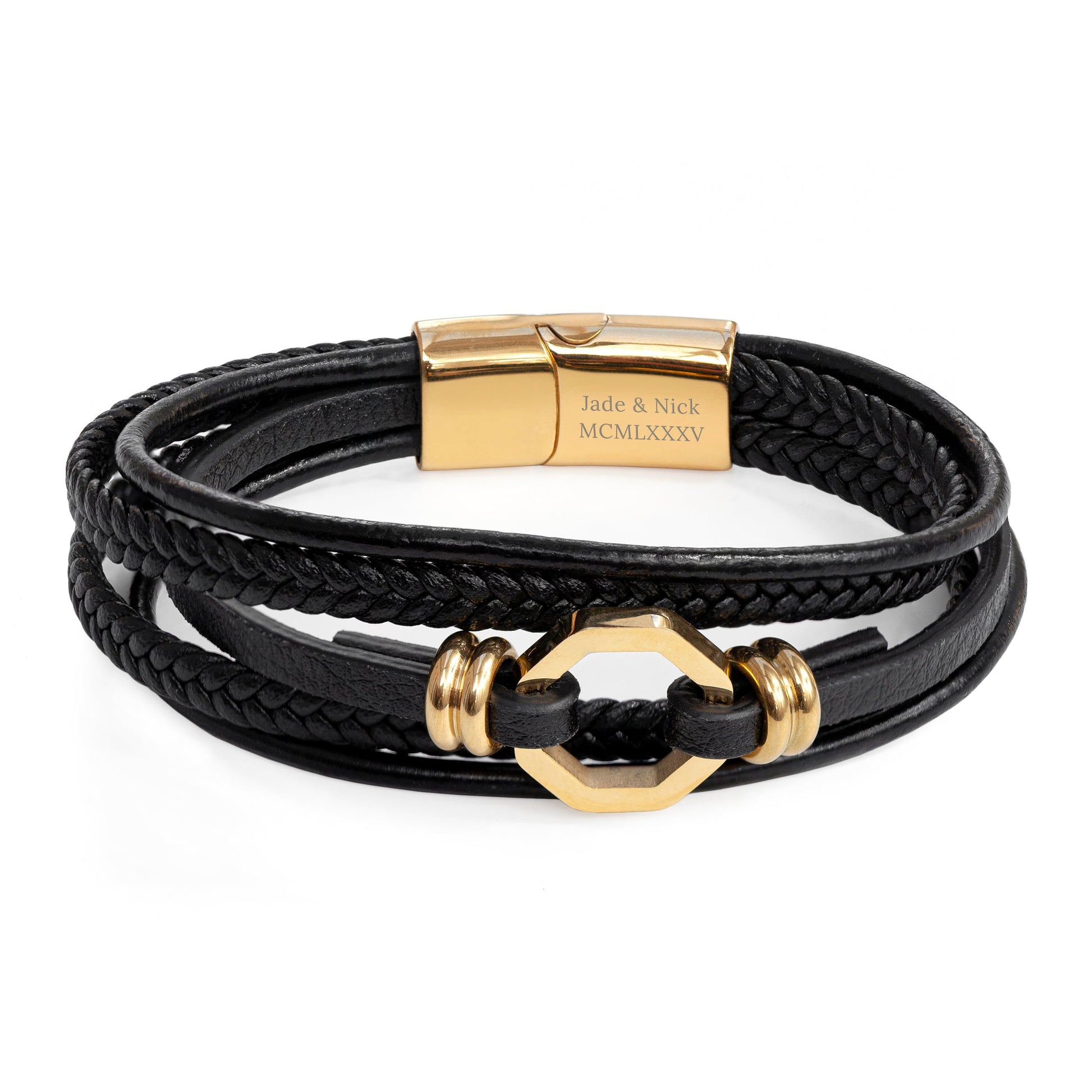 Personalised Men's Mayfair Leather Bracelet in Gold