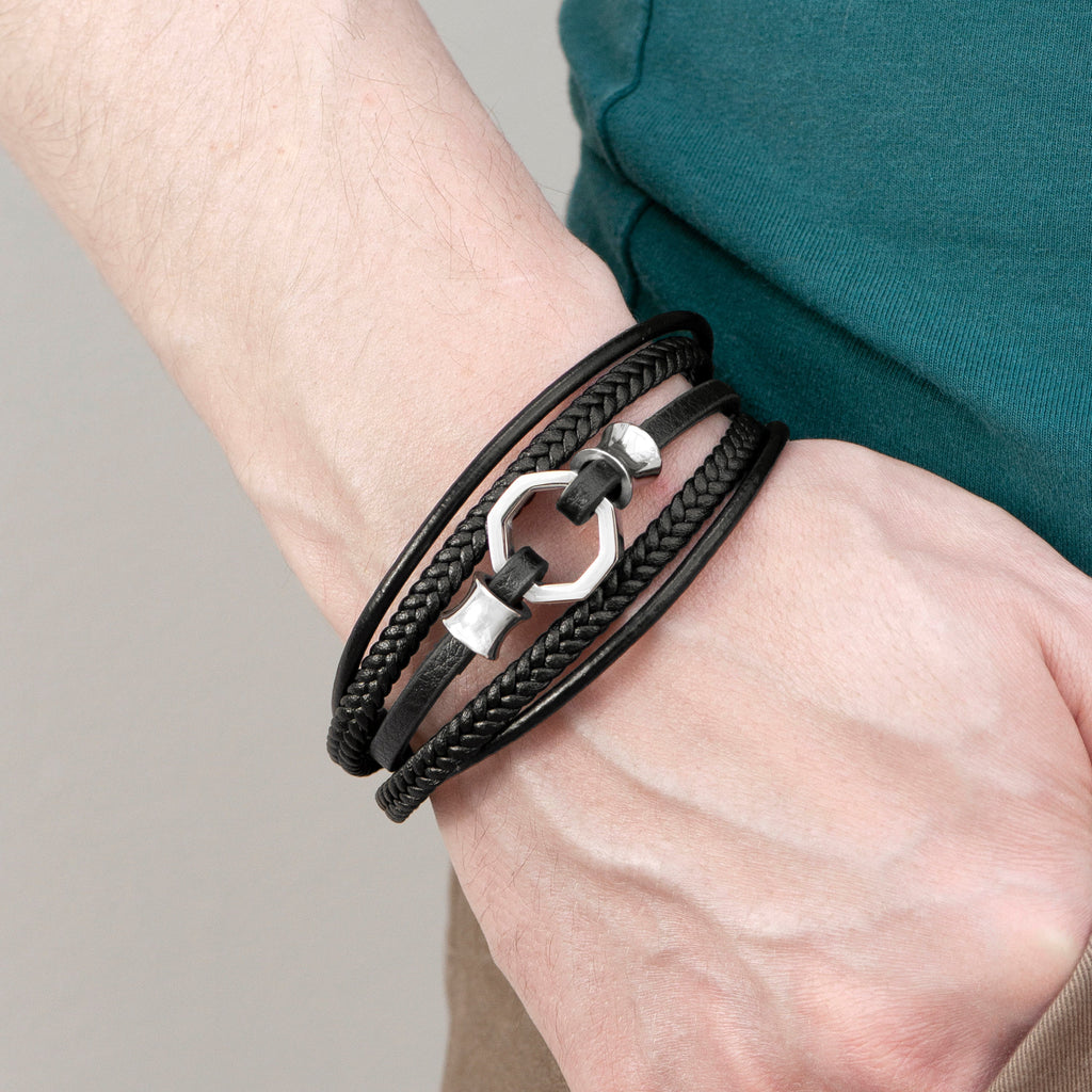 Personalised Men's Mayfair Leather Bracelet in Silver