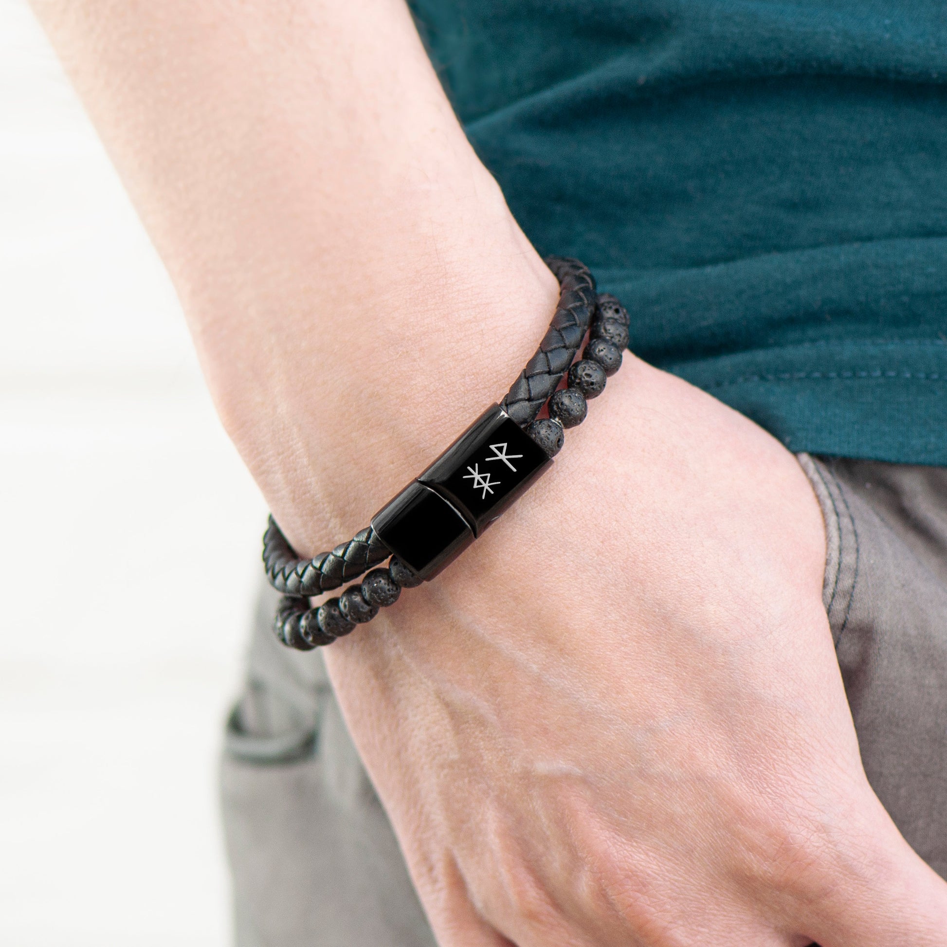 Personalised Men's Black Rune Duo Bracelet