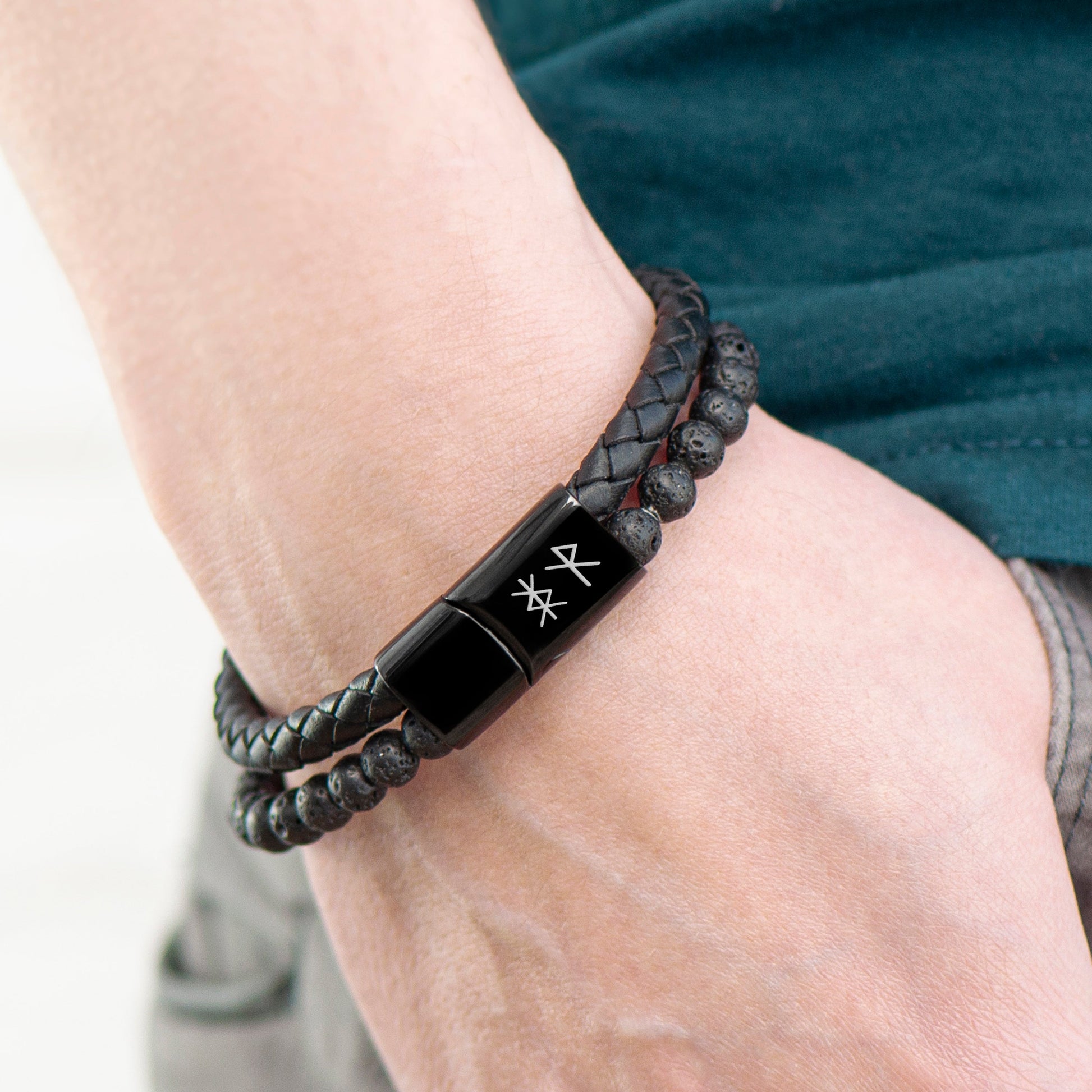 Personalised Men's Black Rune Duo Bracelet