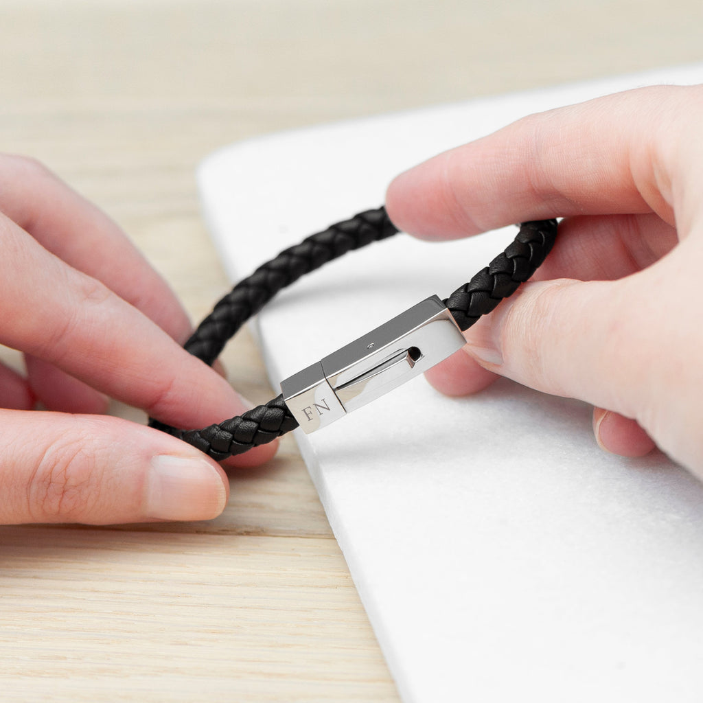 Personalised Men's Black Leather Bracelet with Tube Clasp