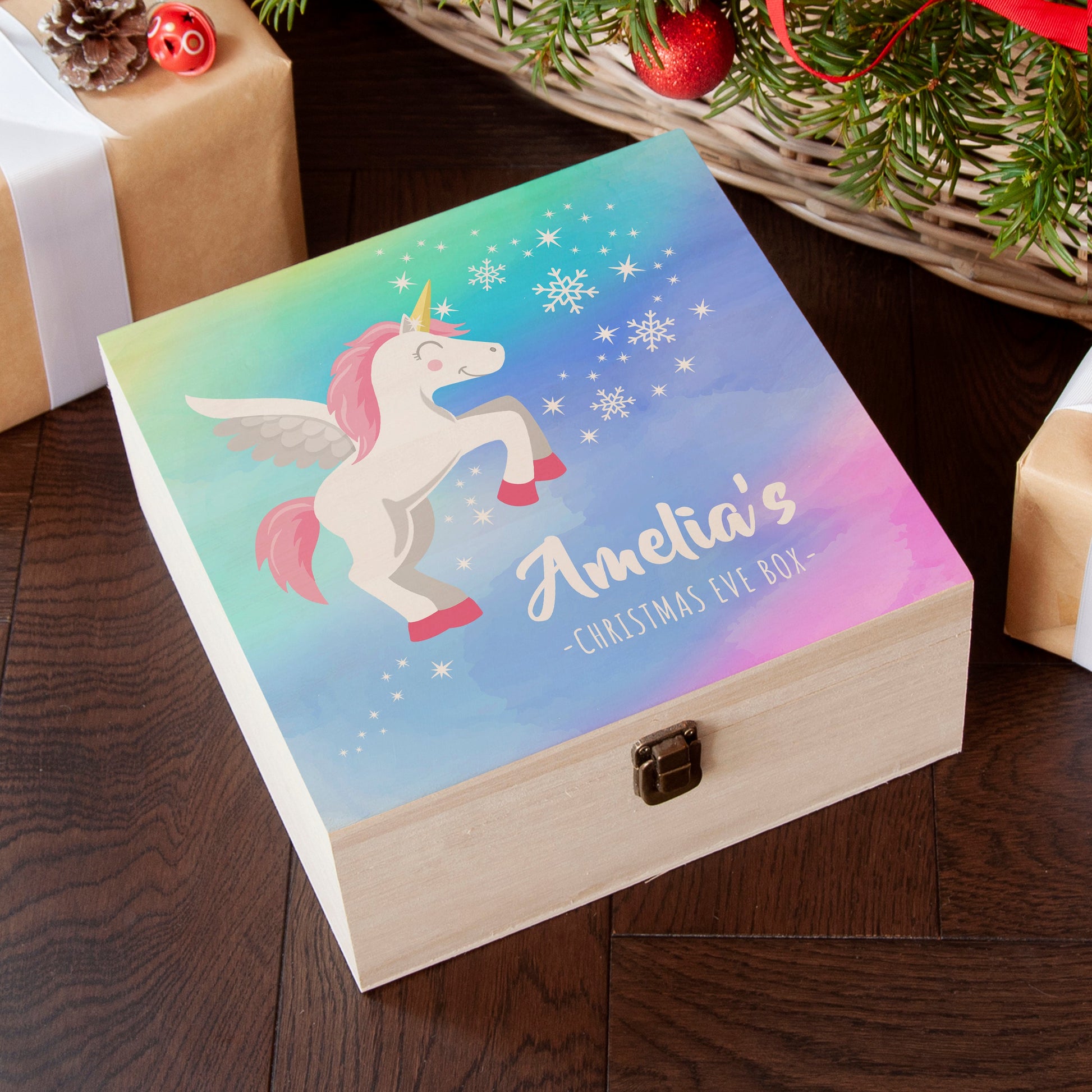 Personalised Colourful Baby Unicorn Christmas Eve Box