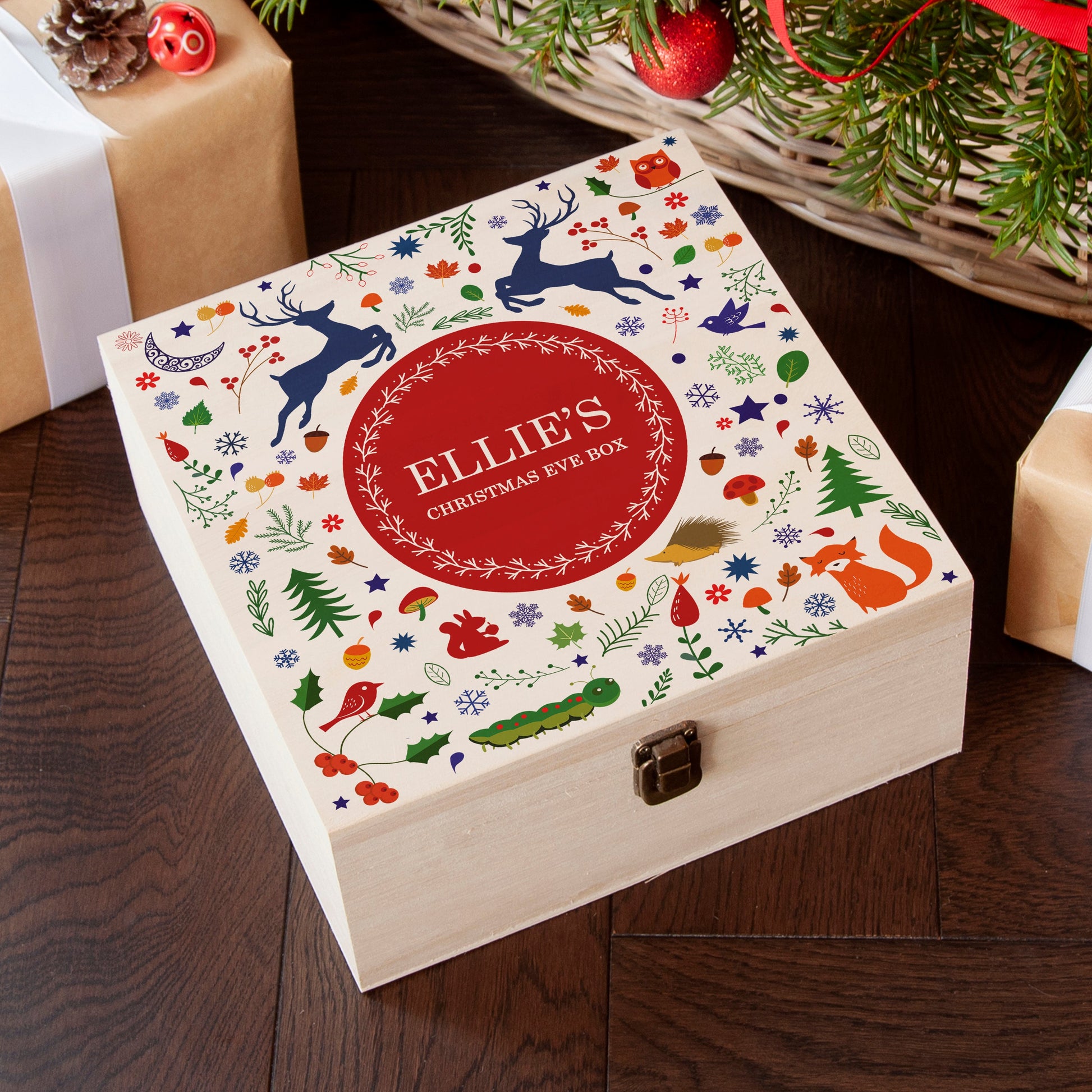 Personalised Festive Woodland Red Christmas Eve Box