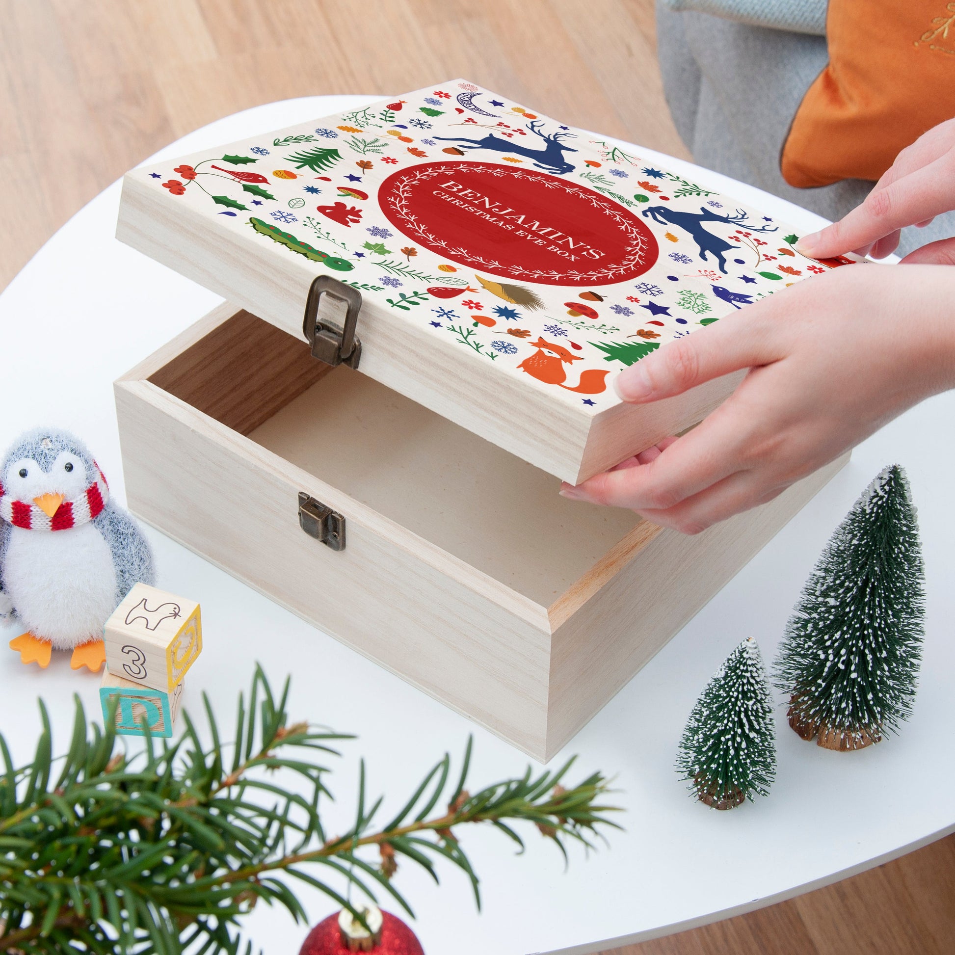 Personalised Festive Woodland Red Christmas Eve Box