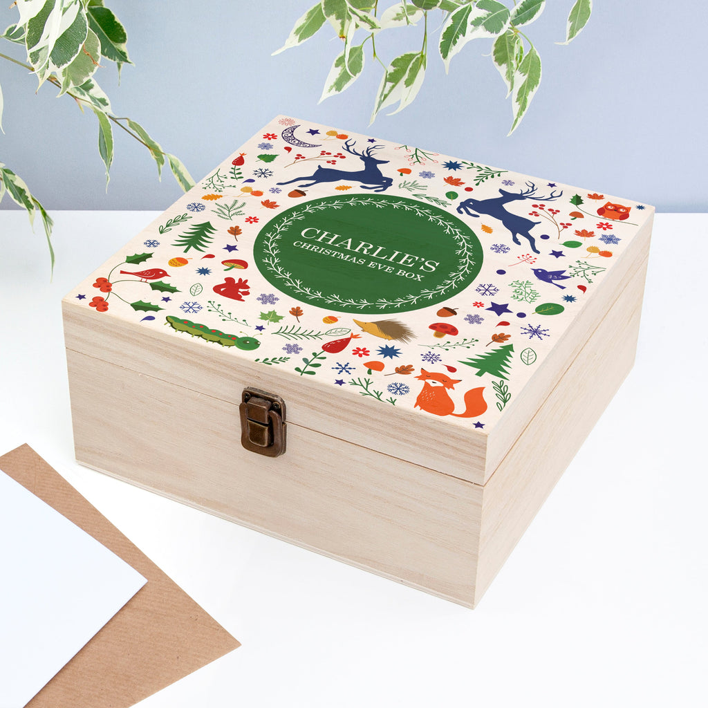 Personalised Festive Woodland Green Christmas Eve Box