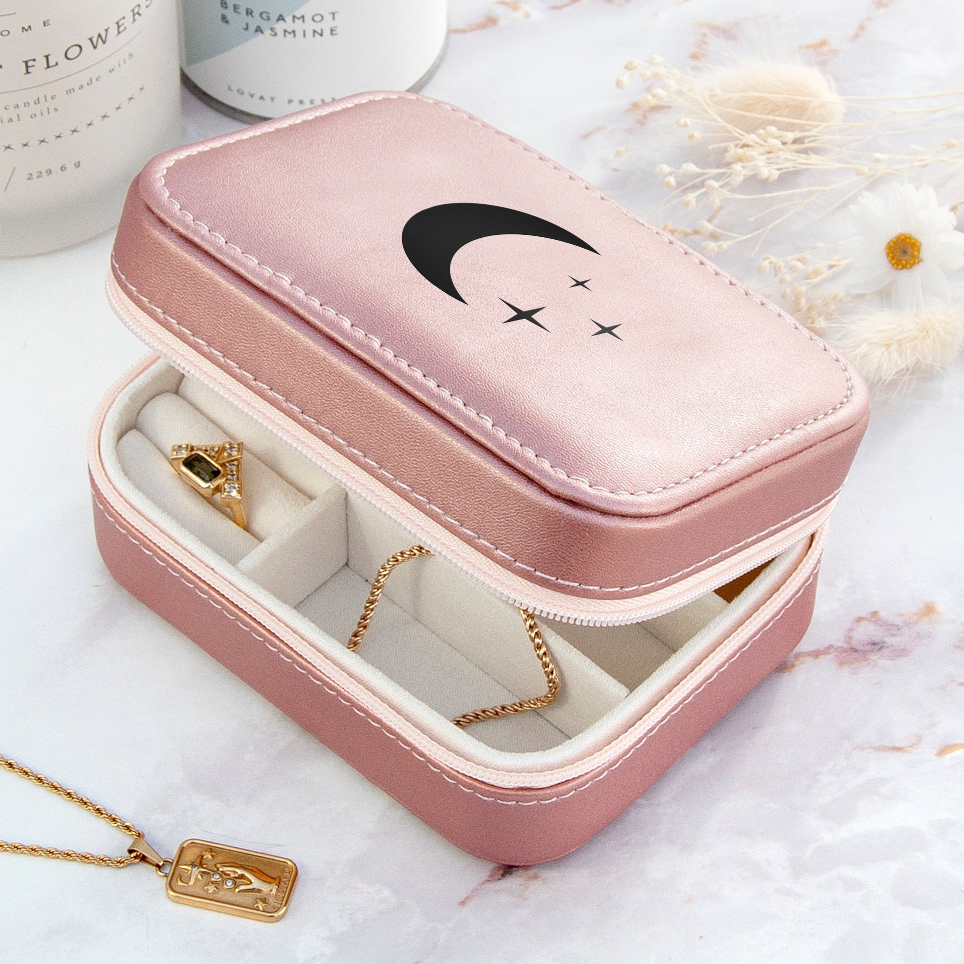 Customisable Pink Metallic Moon and Stars Jewellery Case