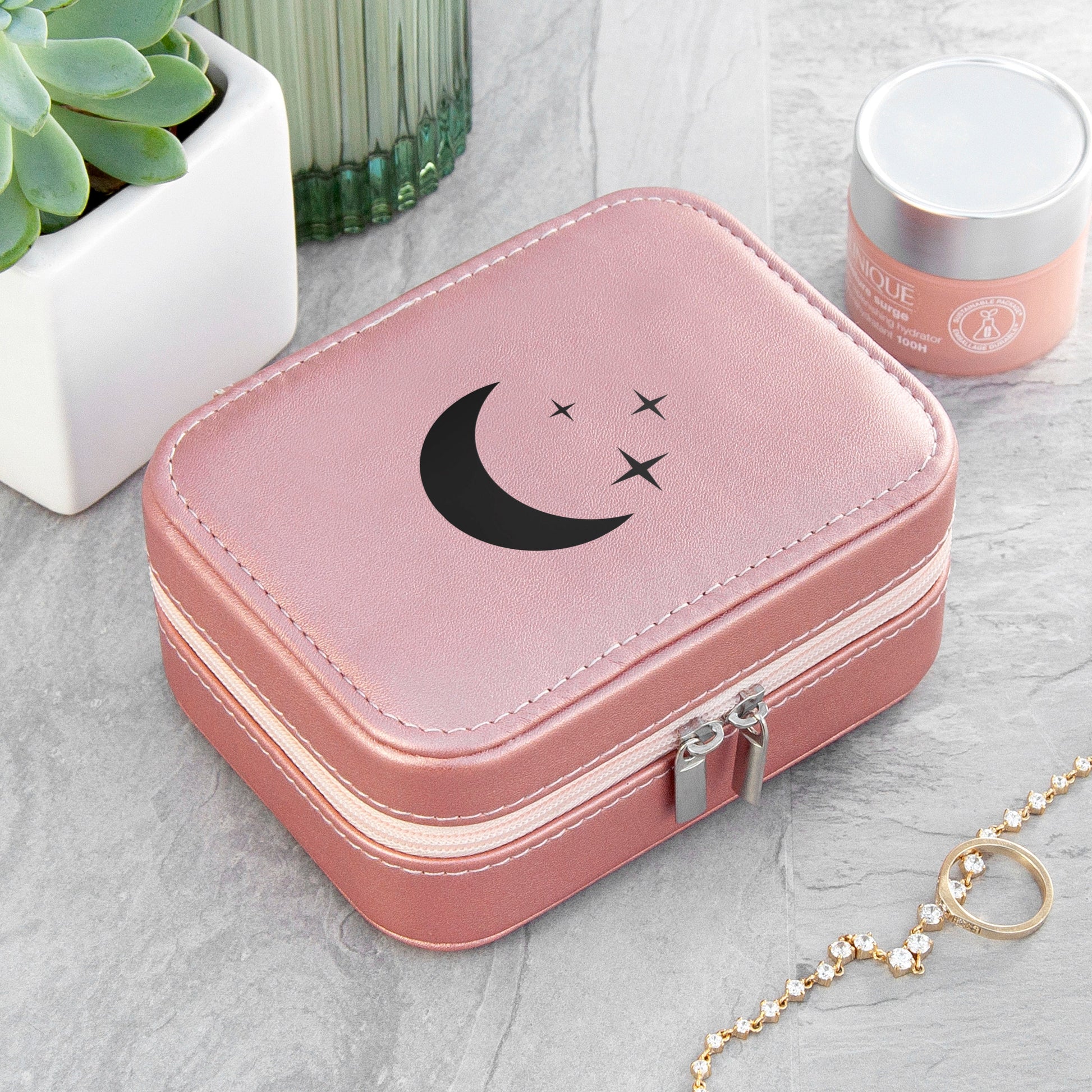 Customisable Pink Metallic Moon and Stars Jewellery Case