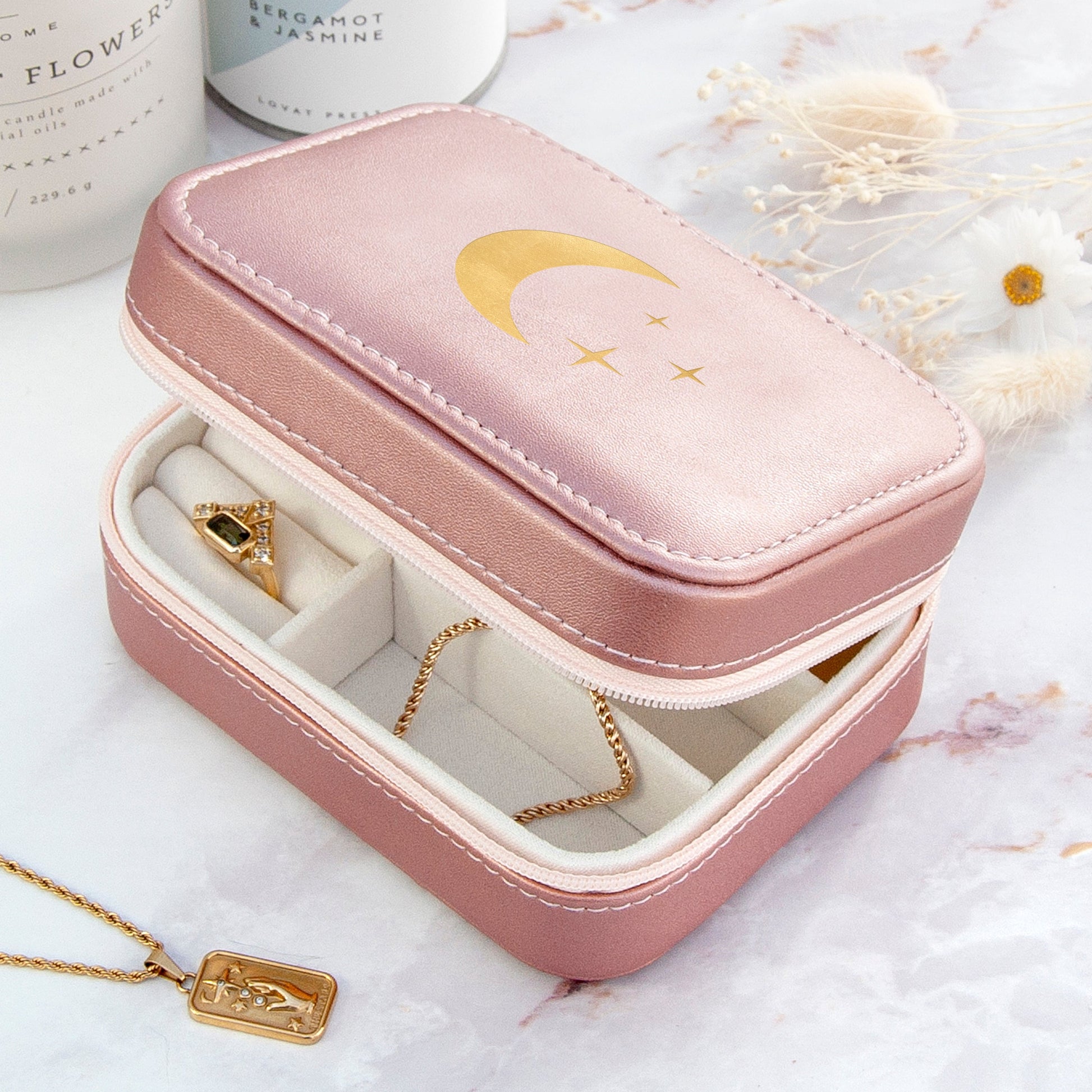 Customisable Pink Metallic Moon and Stars Jewellery Case
