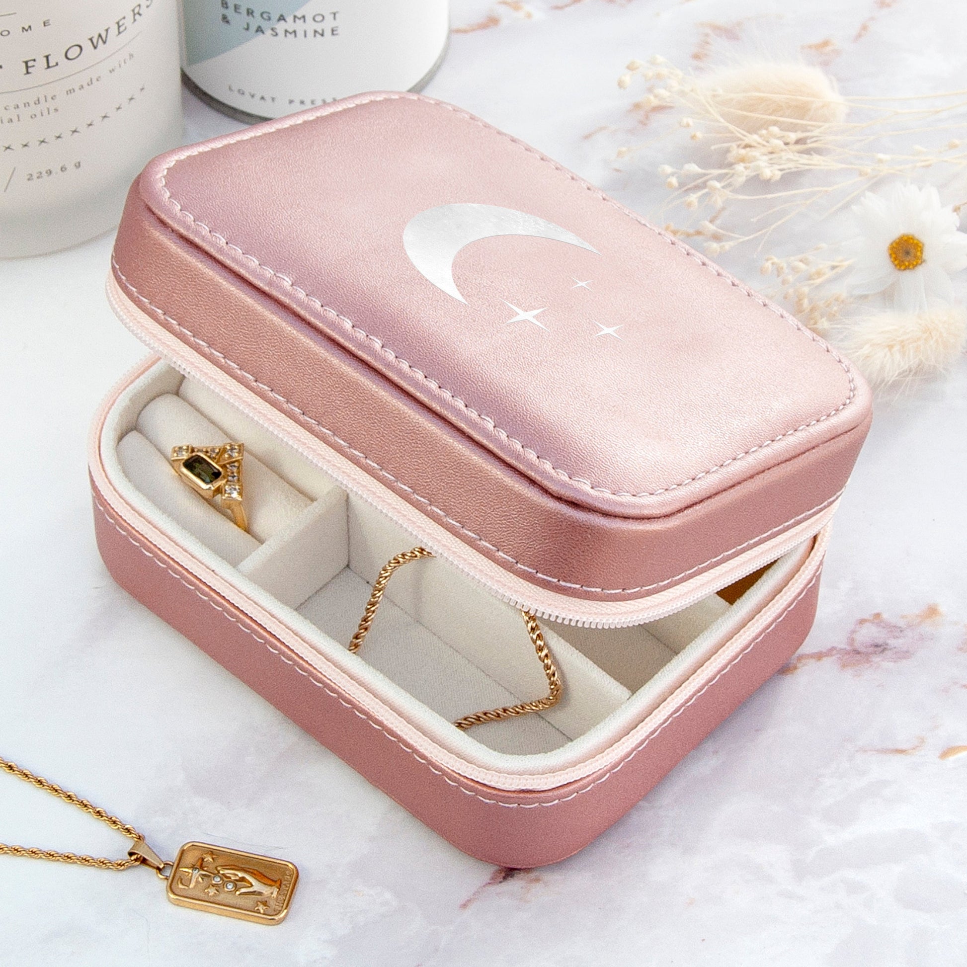 Customisable Pink Metallic Moon and Stars Jewellery Case