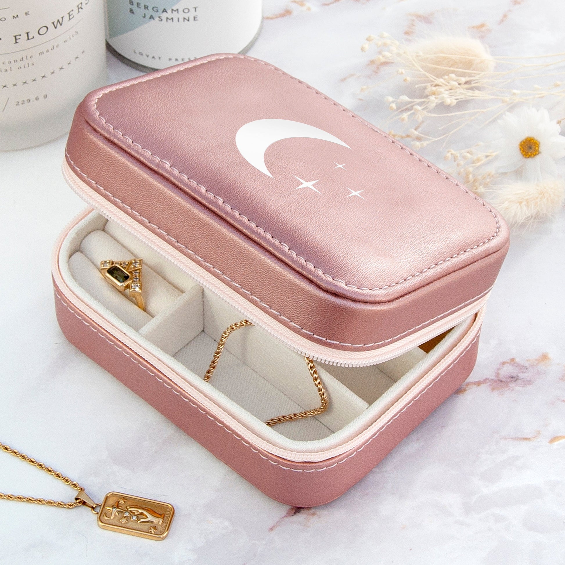 Customisable Pink Metallic Moon and Stars Jewellery Case