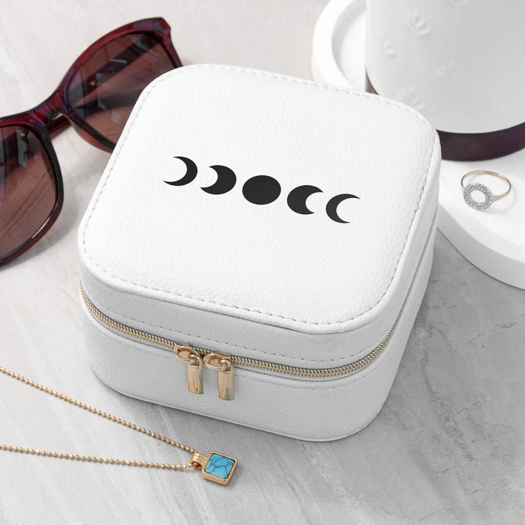 Moon Phase White Travel Jewellery Case with Customisable Vinyl