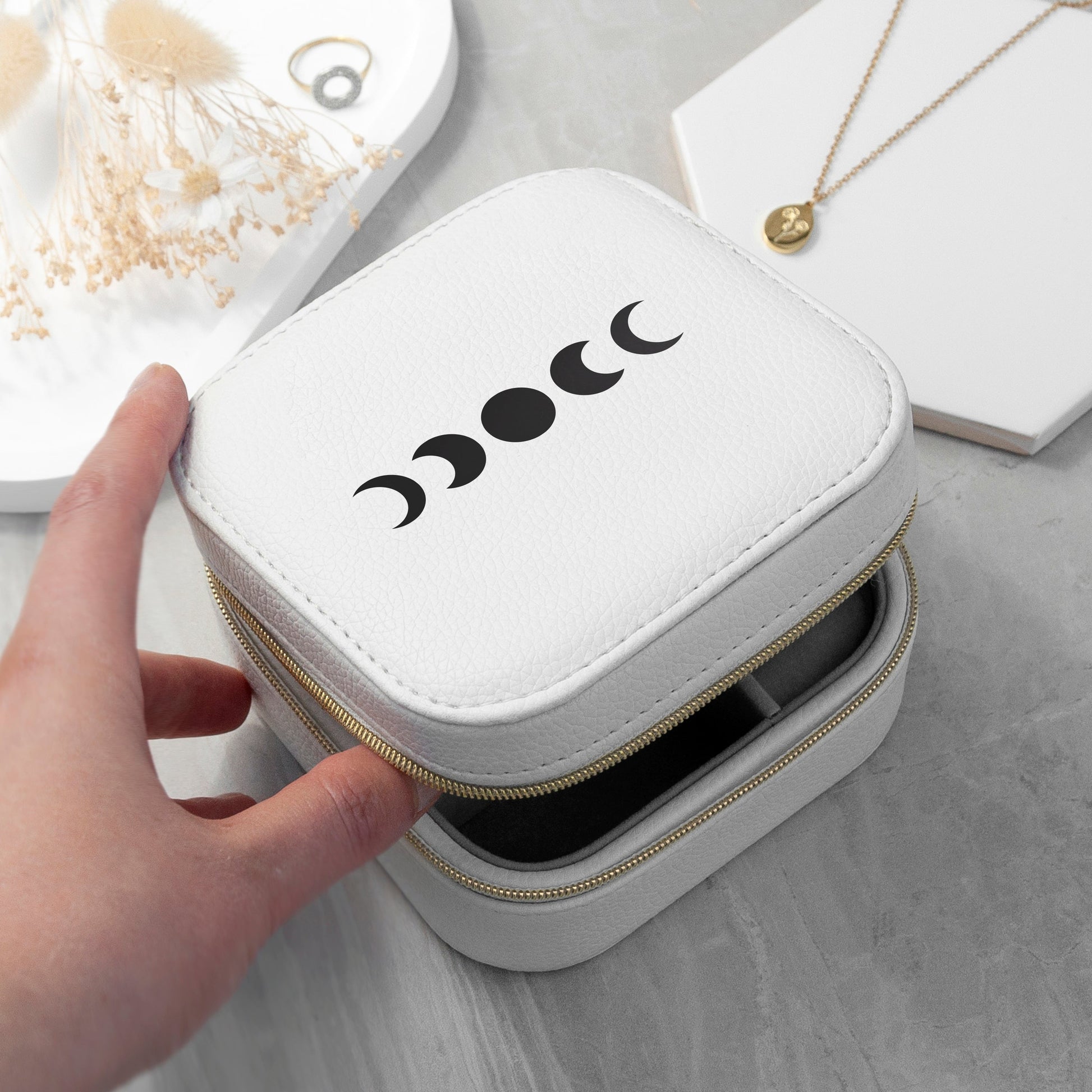 Moon Phase White Travel Jewellery Case with Customisable Vinyl