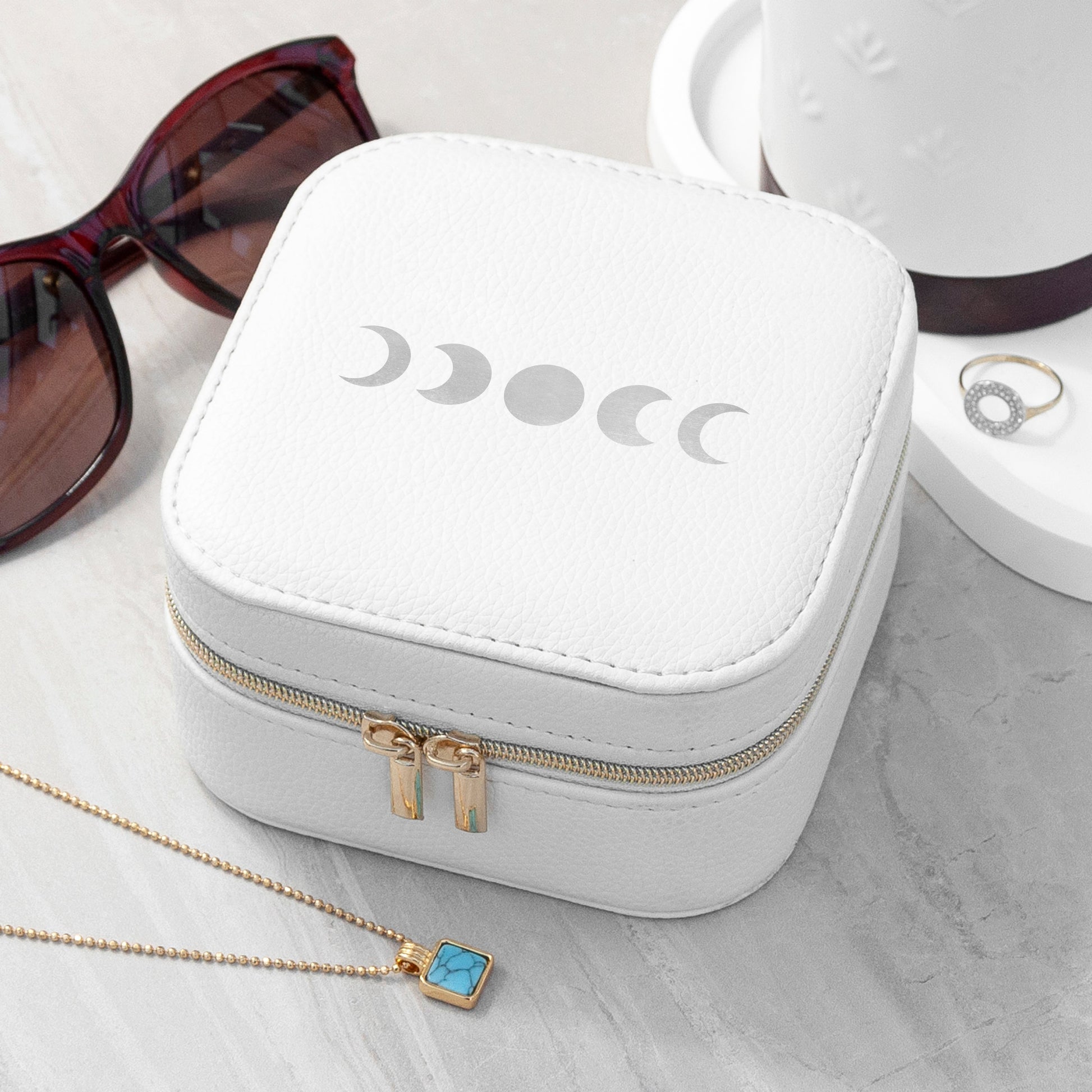Moon Phase White Travel Jewellery Case with Customisable Vinyl