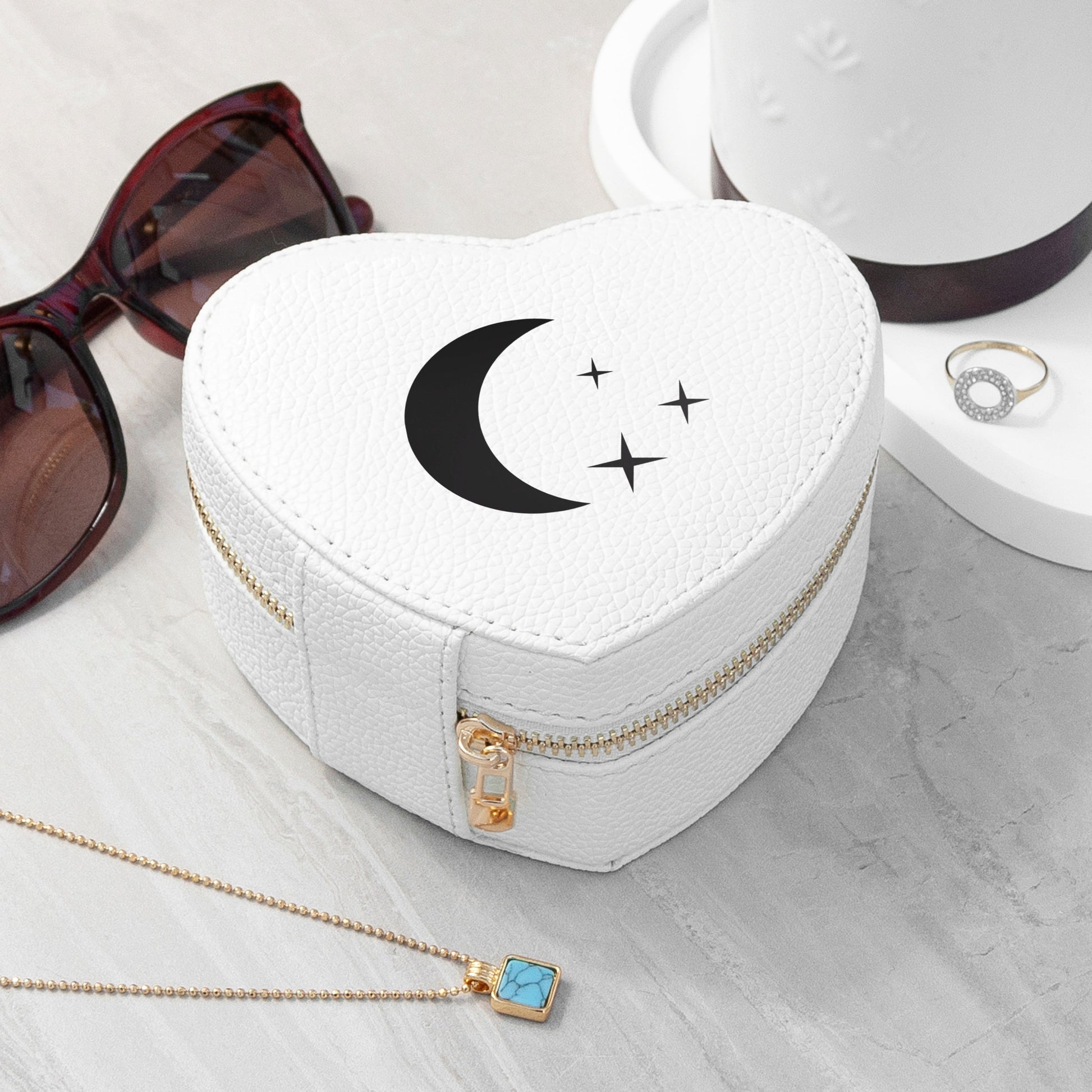Moon and Stars White Heart Jewellery Case