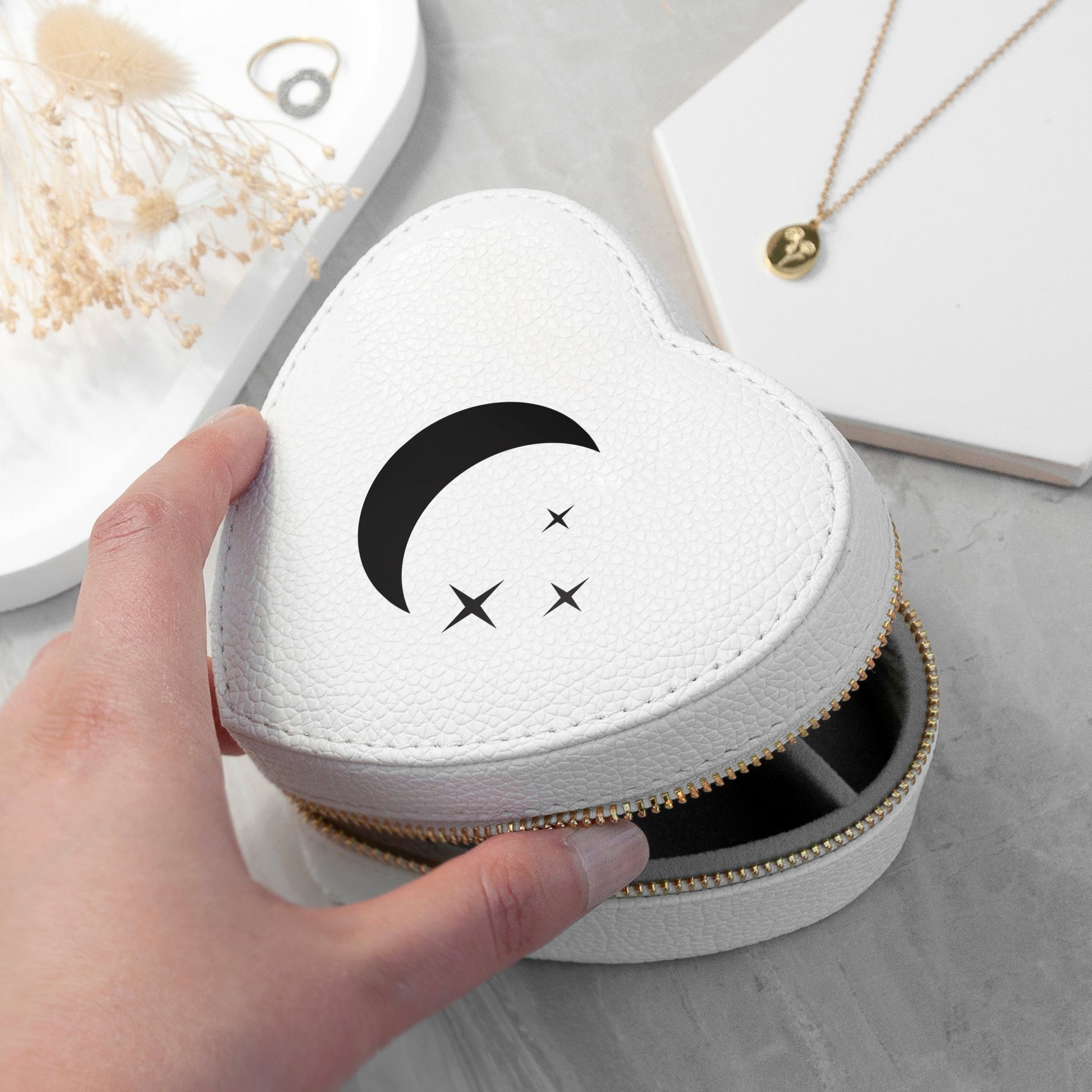 Moon and Stars White Heart Jewellery Case