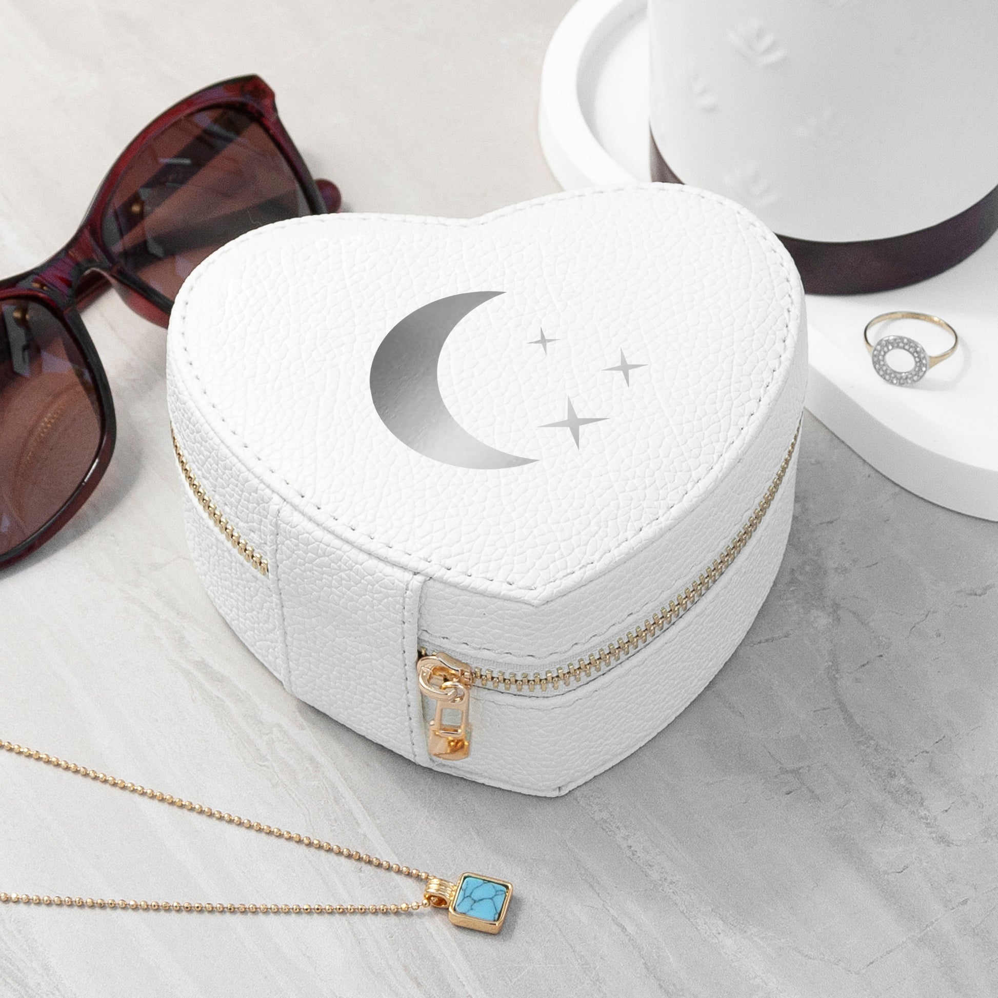 Moon and Stars White Heart Jewellery Case